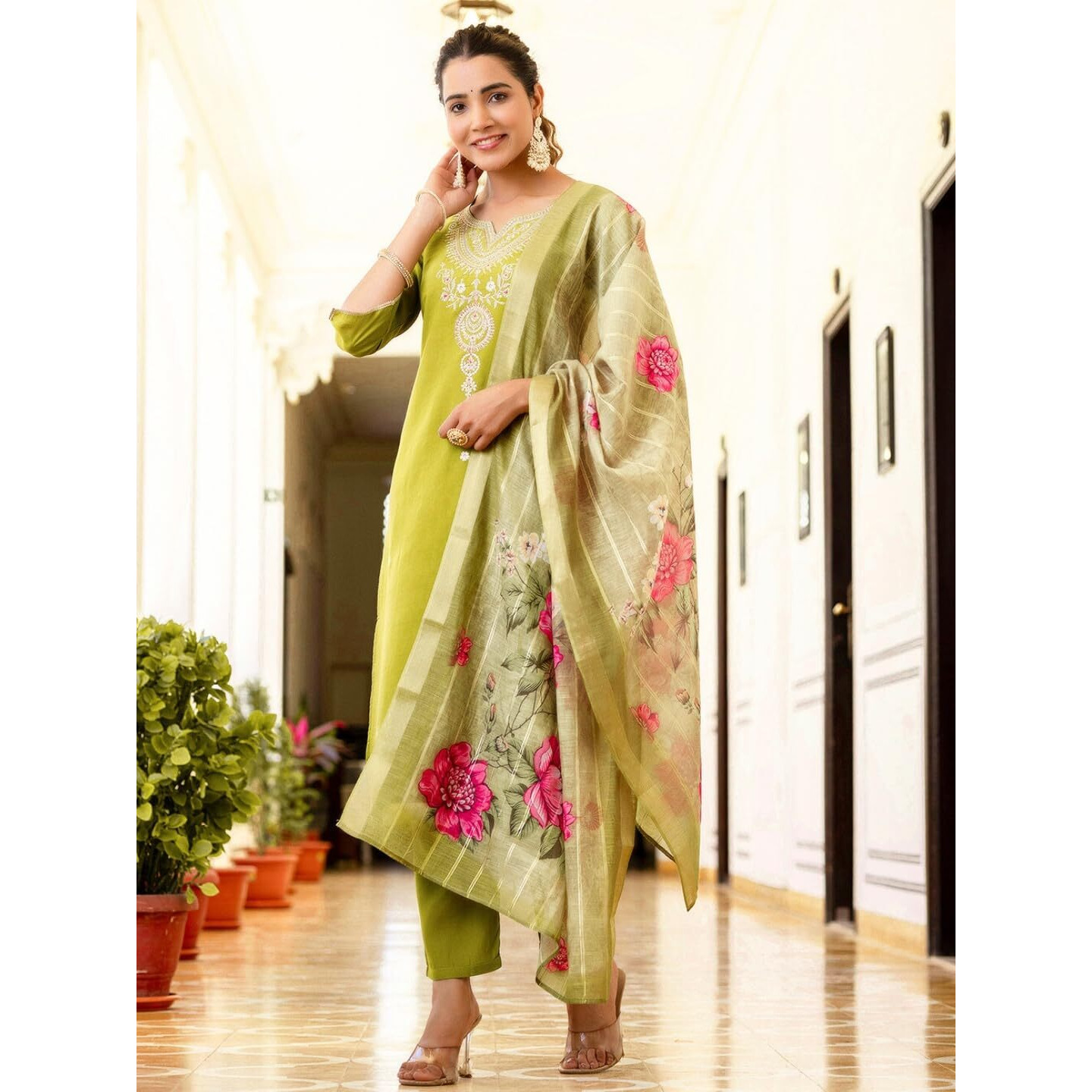 Navlik Women's Viscose Embroidered Straight Kurta with Pant and Dupatta Sets (NK-692) (Size XXX-Large, Color Lime)