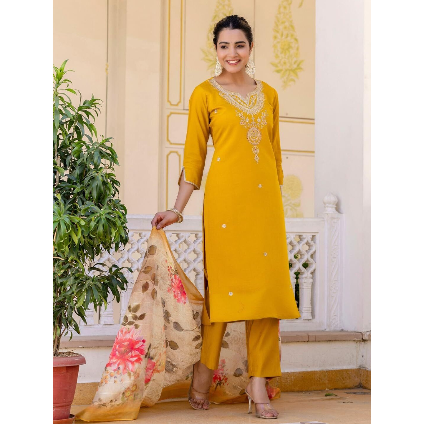 Navlik Women's Viscose Embroidered Straight Kurta with Pant and Dupatta Sets (NK-692) (Size X-Large, Color Mustard)
