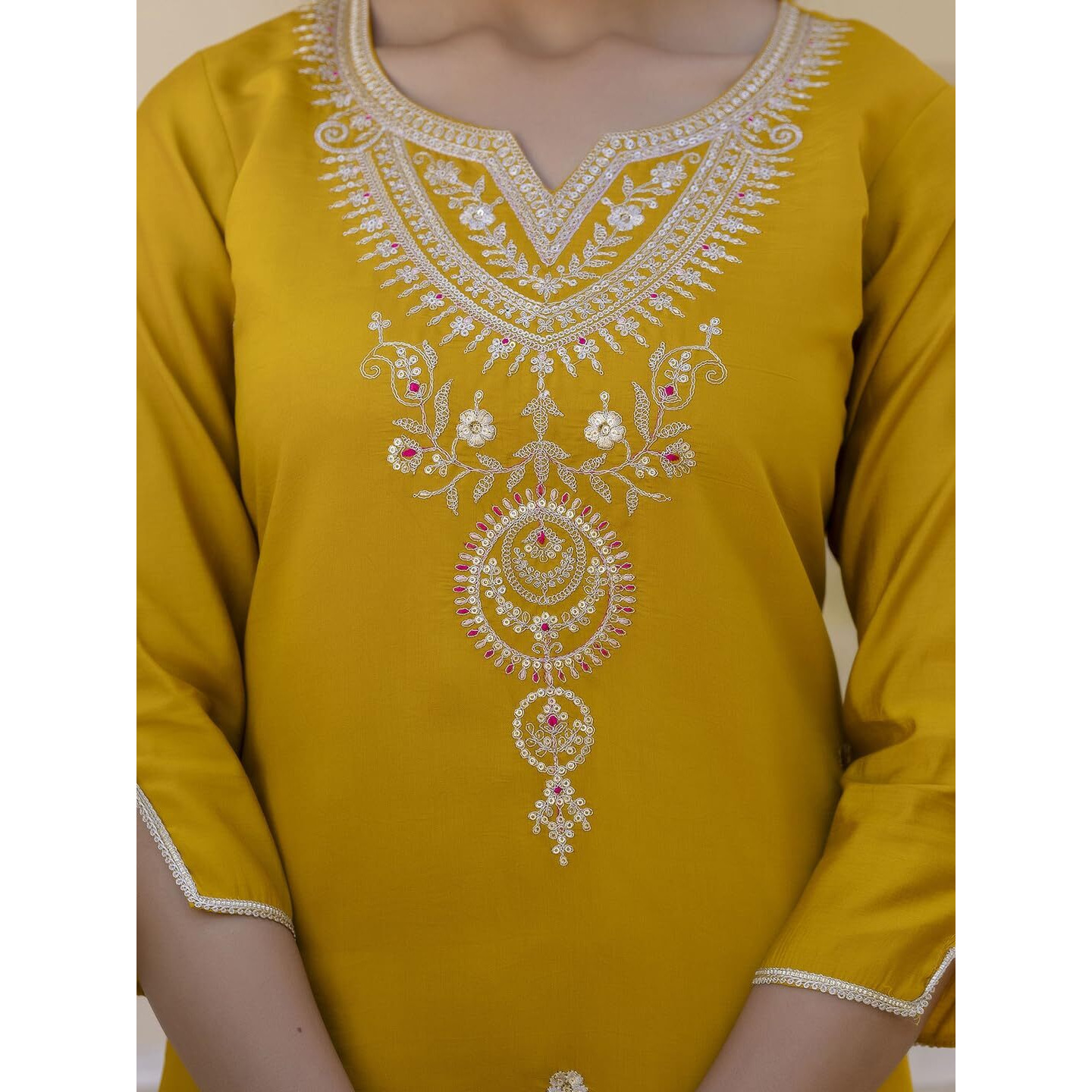 Navlik Women's Viscose Embroidered Straight Kurta with Pant and Dupatta Sets (NK-692) (Size X-Large, Color Mustard)