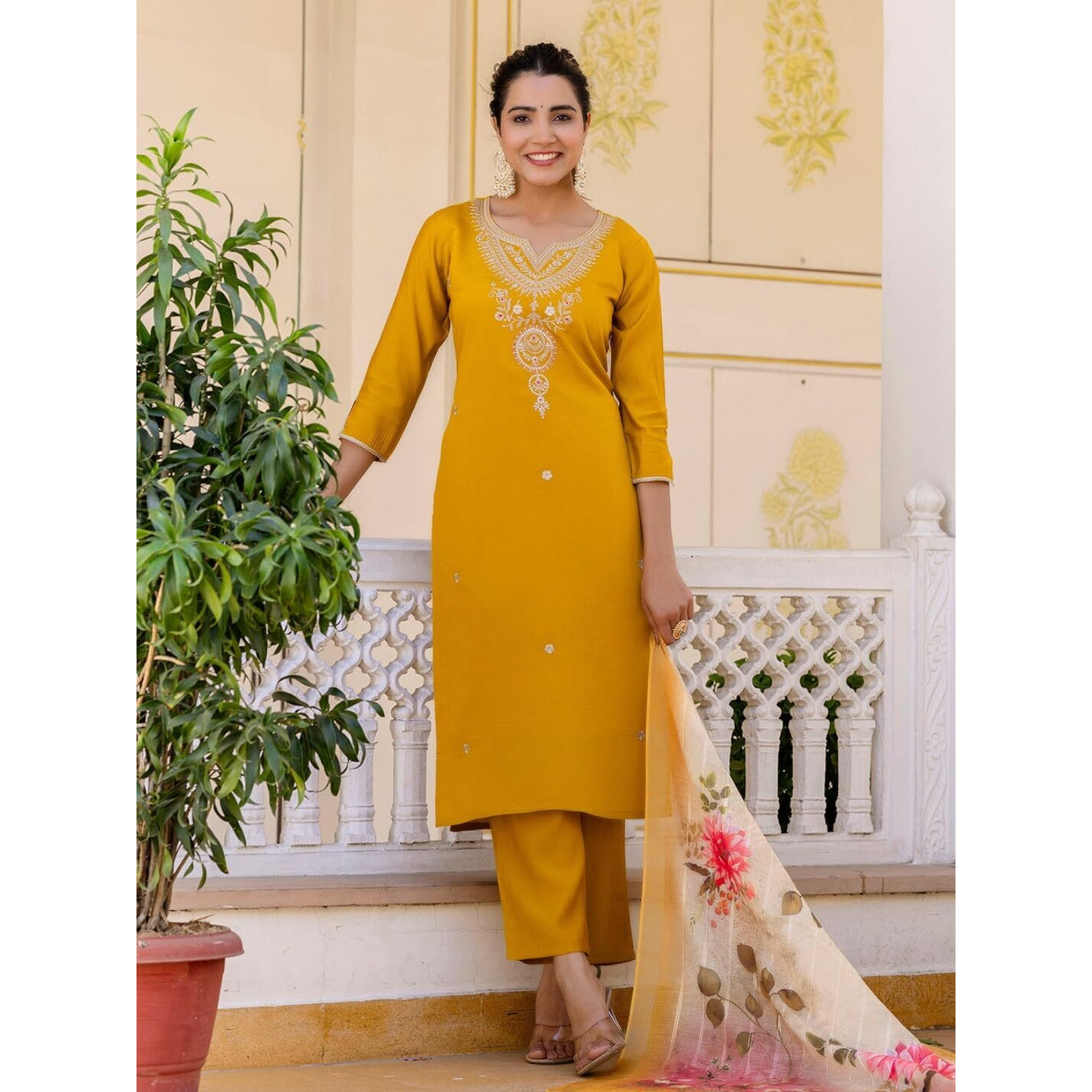 Navlik Women's Viscose Embroidered Straight Kurta with Pant and Dupatta Sets (NK-692) (Size X-Large, Color Mustard)