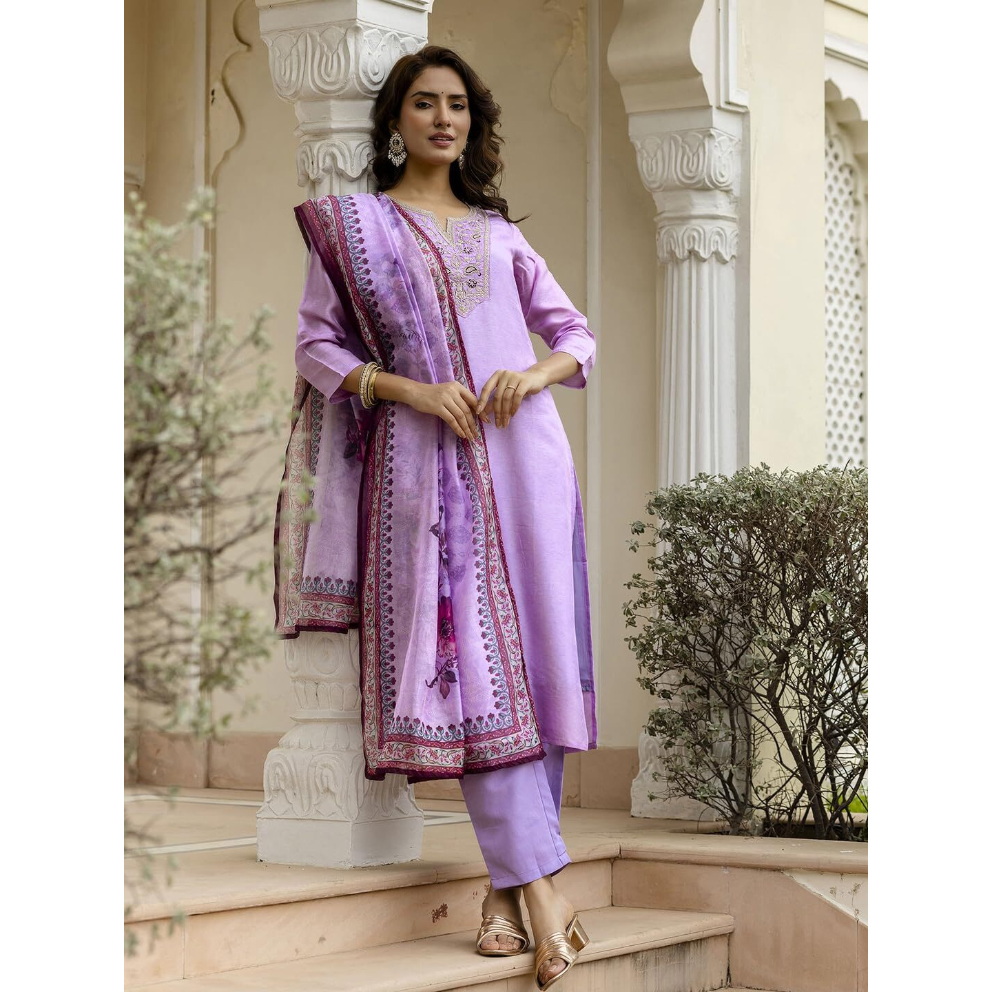 Navlik Women's Rayon Embroidered Straight Kurta with Pant and Dupatta Sets (NK-701) (Size XXXXX-Large, Color Lavender)