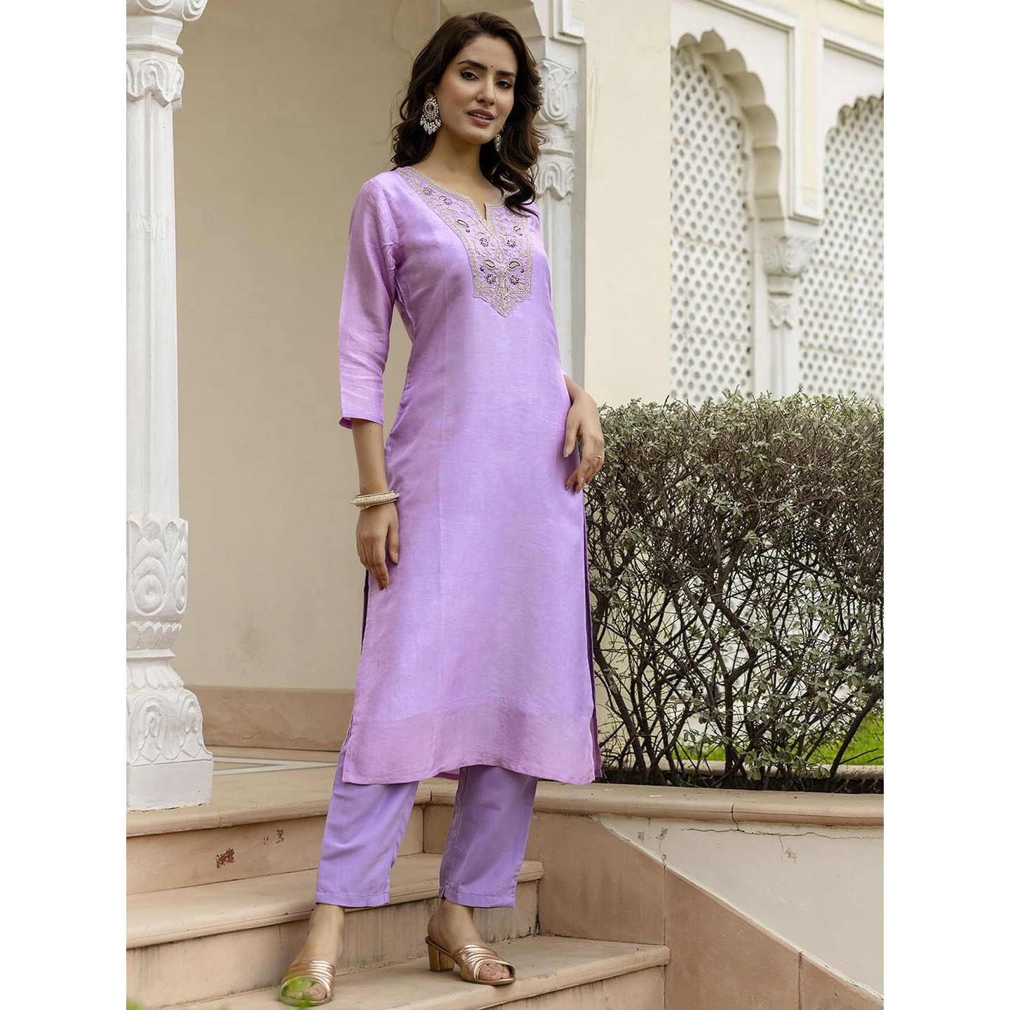 Navlik Women's Rayon Embroidered Straight Kurta with Pant and Dupatta Sets (NK-701) (Size Large, Color Lavender)
