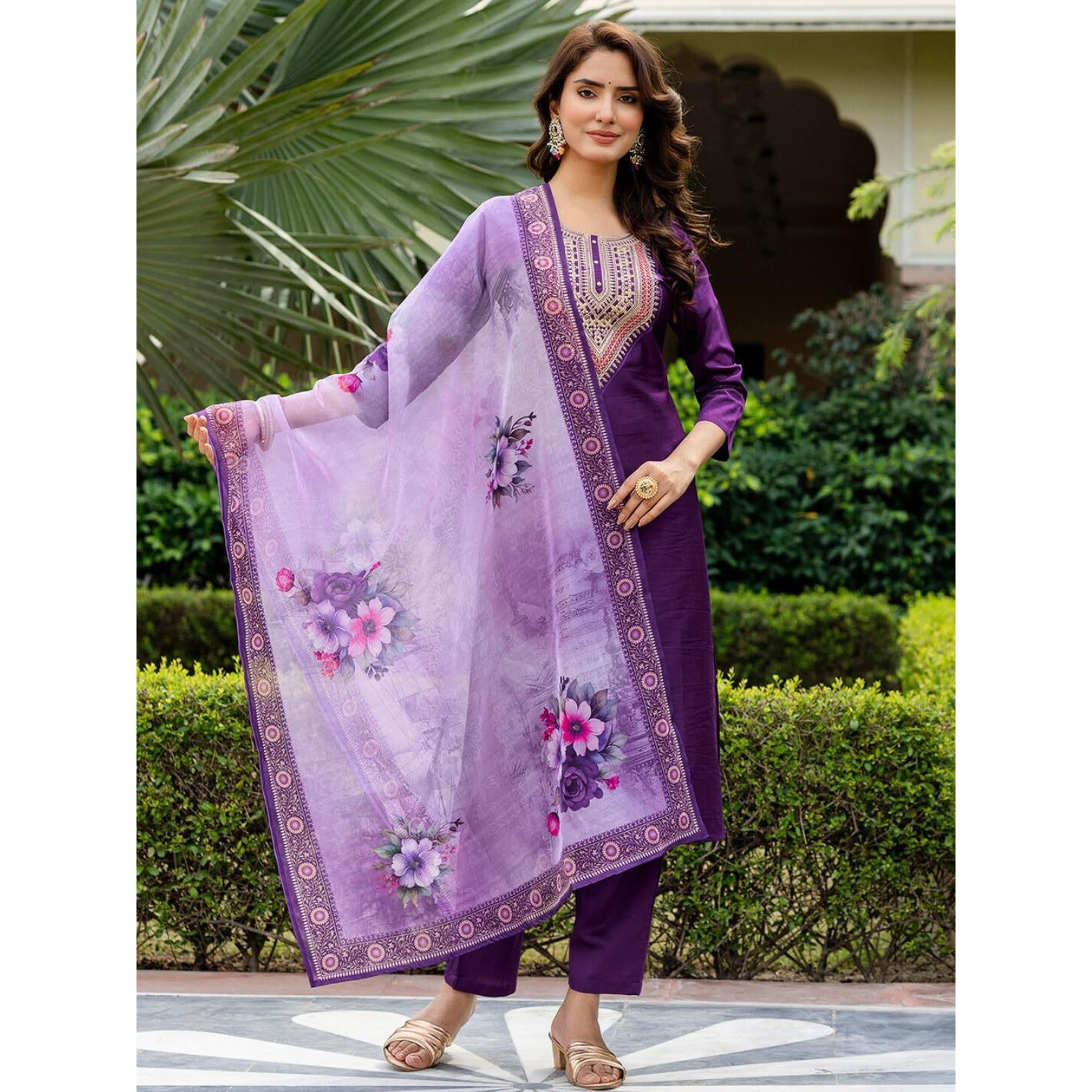 Navlik Women's Rayon Embroidered Straight Kurta with Pant and Dupatta Sets (NK-706) (Size X-Large, Color Purple)