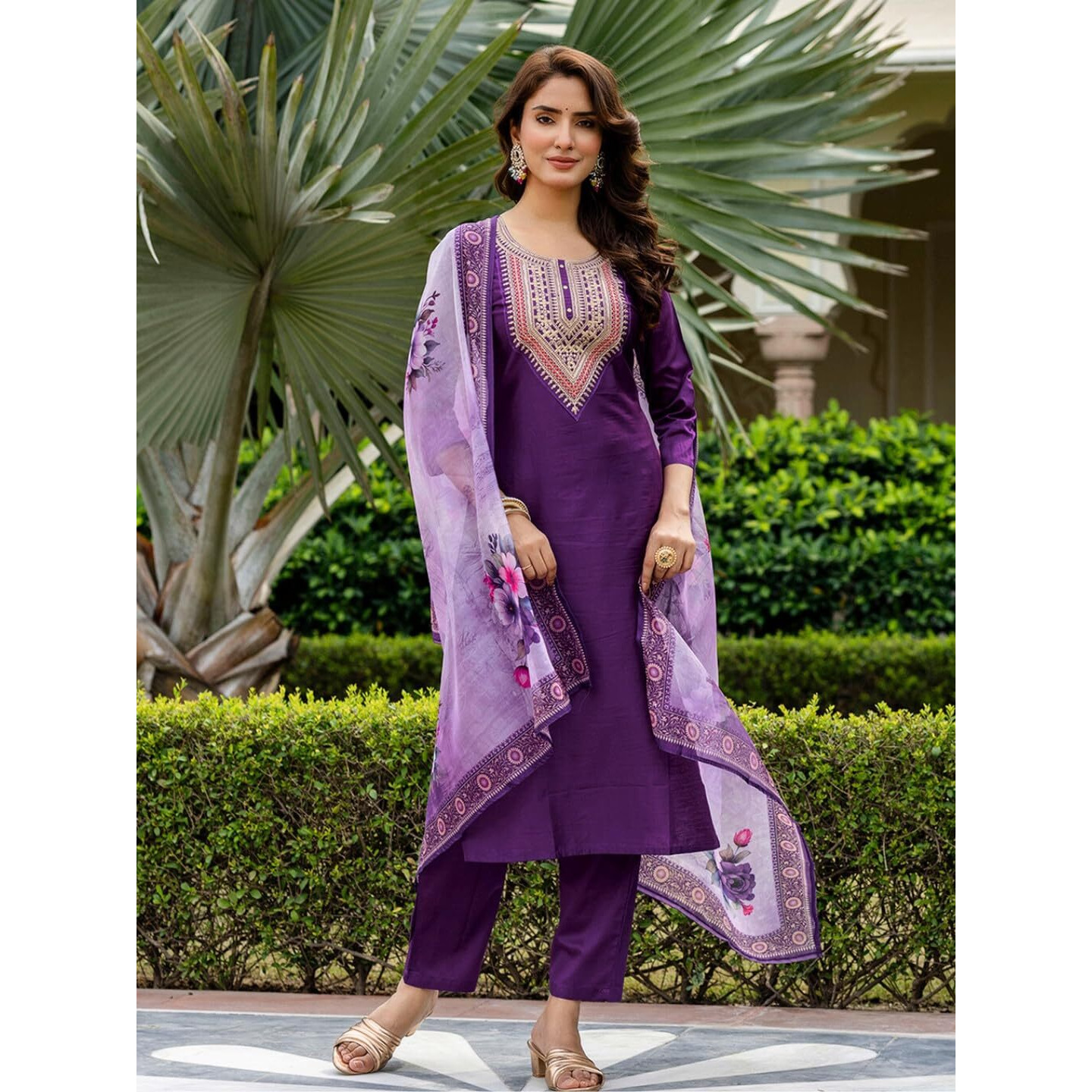 Navlik Women's Rayon Embroidered Straight Kurta with Pant and Dupatta Sets (NK-706) (Size X-Large, Color Purple)