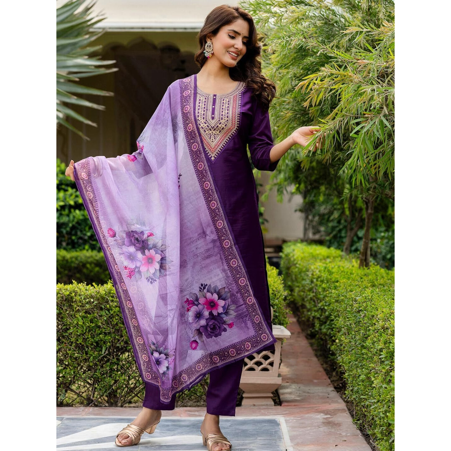 Navlik Women's Rayon Embroidered Straight Kurta with Pant and Dupatta Sets (NK-706) (Size X-Large, Color Purple)