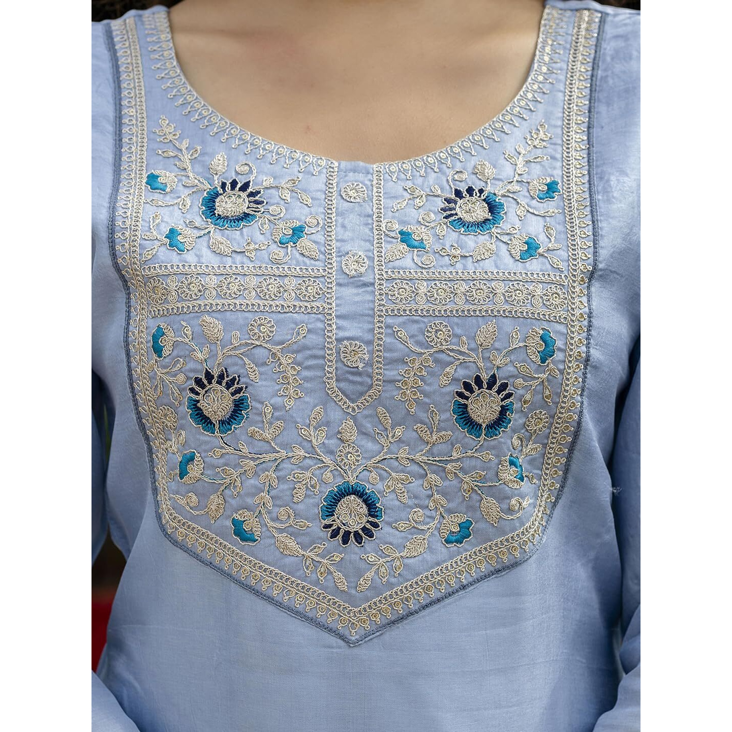 Navlik Women's Rayon Embroidered Straight Kurta with Pant and Dupatta Sets (NK-711) (Size X-Large, Color Sky)