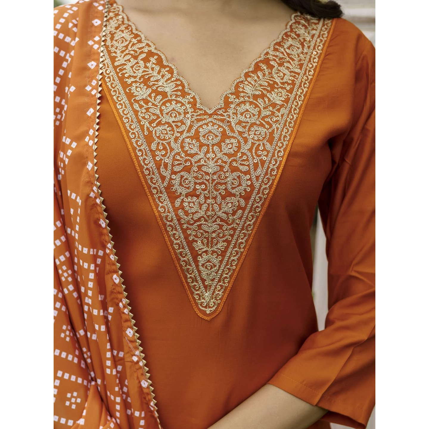 Navlik Women's Rayon Embroidered Straight Kurta with Pant and Dupatta Sets (NK-715) (Size XXXXX-Large, Color Rust)