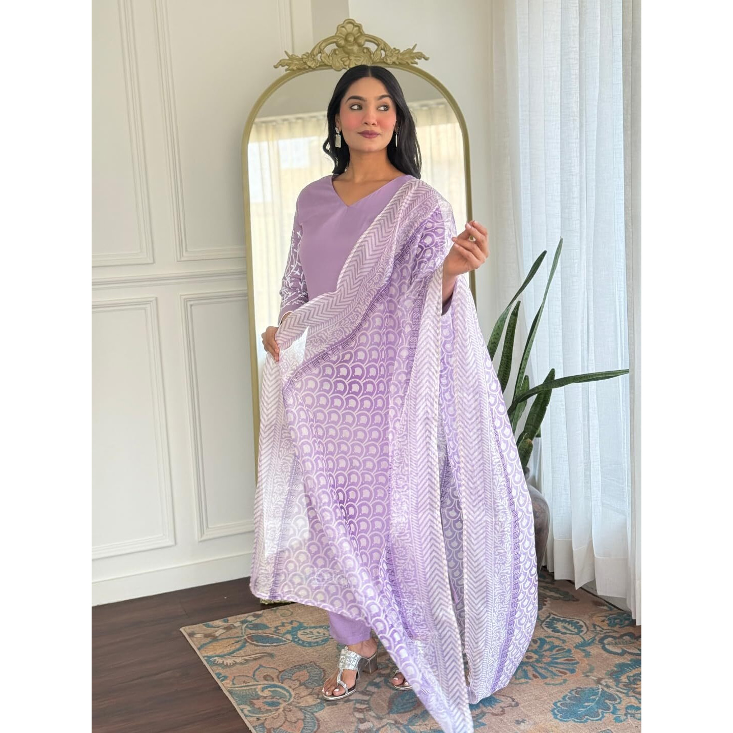 Navlik Women's Rayon Embroidered Straight Kurta with Pant And Dupatta Sets (NK-718) (Size X-Large, Color Lavender)