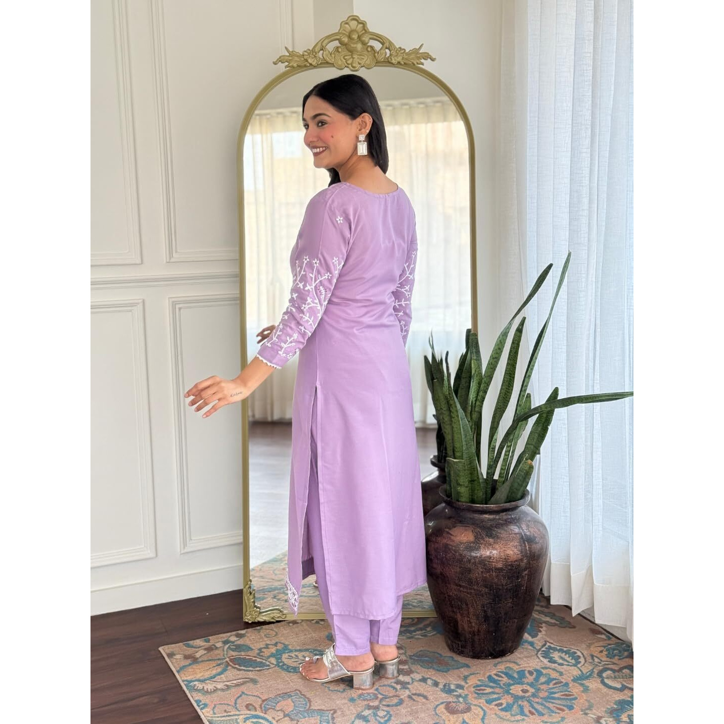 Navlik Women's Rayon Embroidered Straight Kurta with Pant And Dupatta Sets (NK-718) (Size X-Large, Color Lavender)