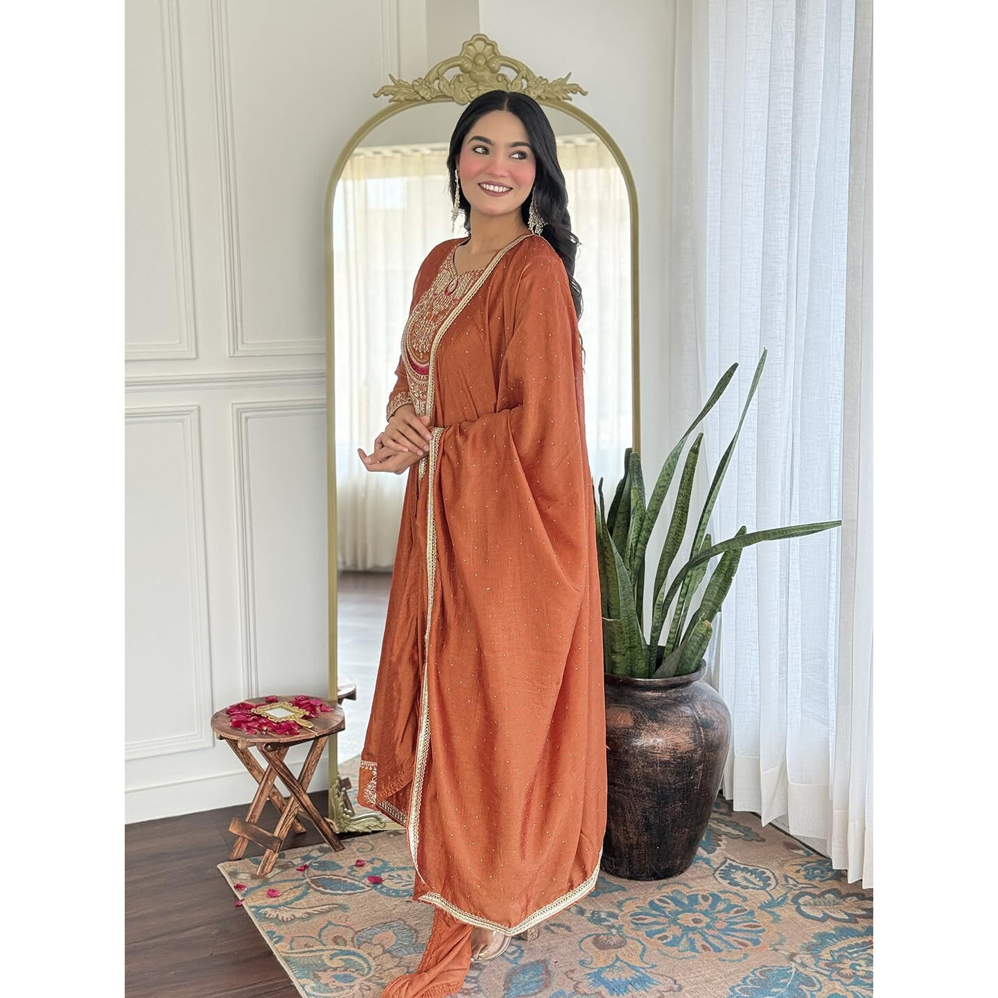 Navlik Women's Vichitra Silk Embroidery Flaired Kurta with Bottom with Dupatta Set (NK-720) (Size XXX-Large, Color Rust)