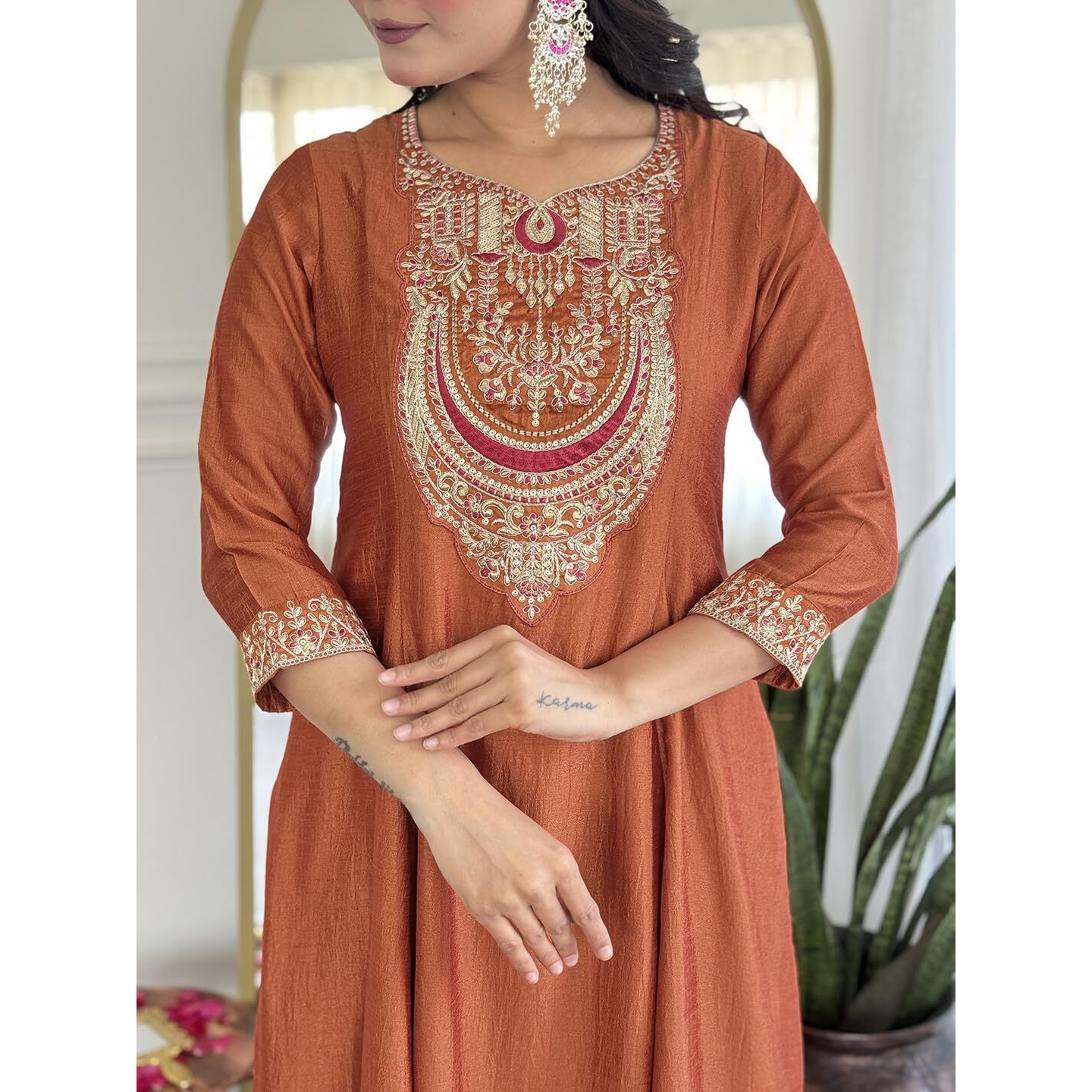 Navlik Women's Vichitra Silk Embroidery Flaired Kurta with Bottom with Dupatta Set (NK-720) (Size XXX-Large, Color Rust)