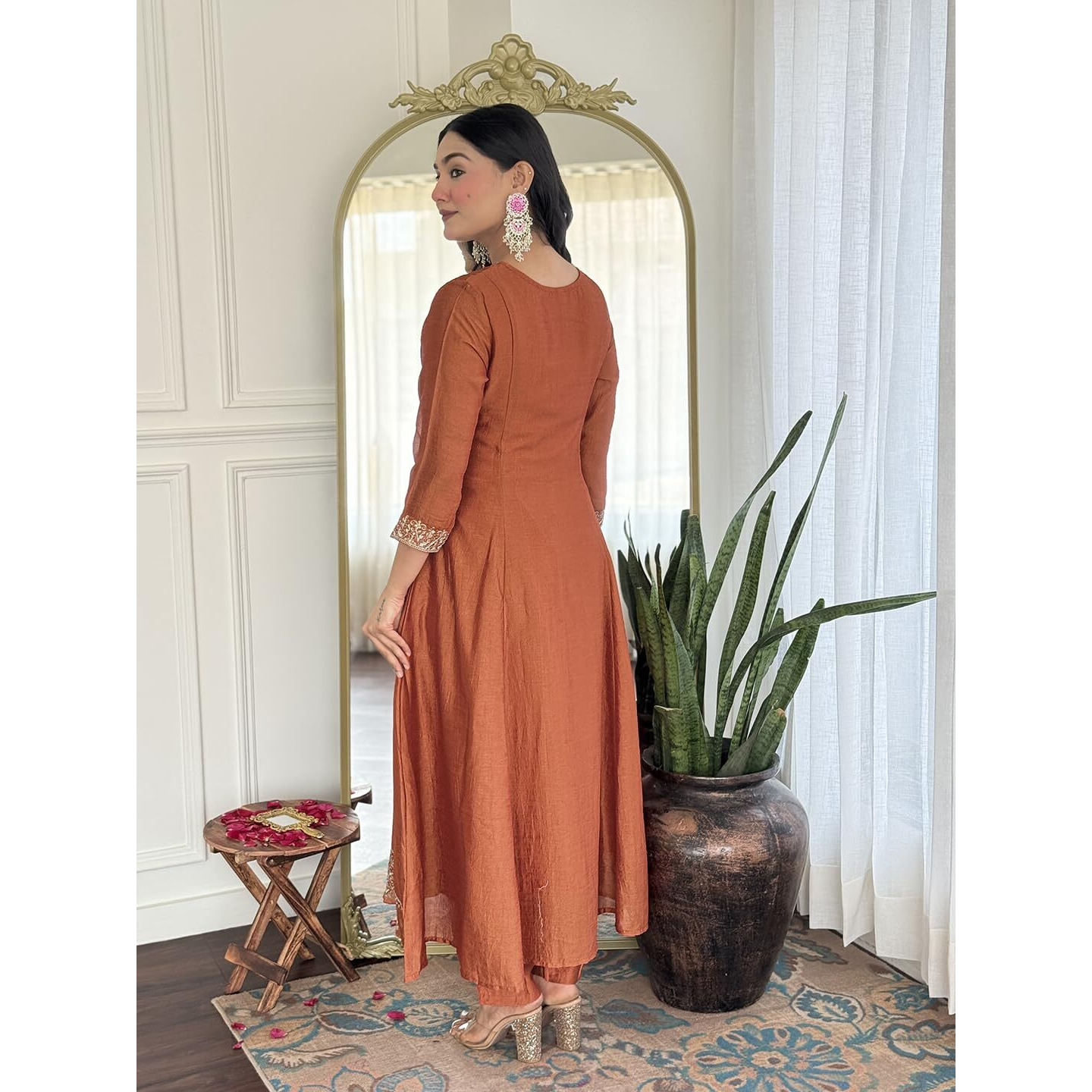 Navlik Women's Vichitra Silk Embroidery Flaired Kurta with Bottom with Dupatta Set (NK-720) (Size XX-Large, Color Rust)