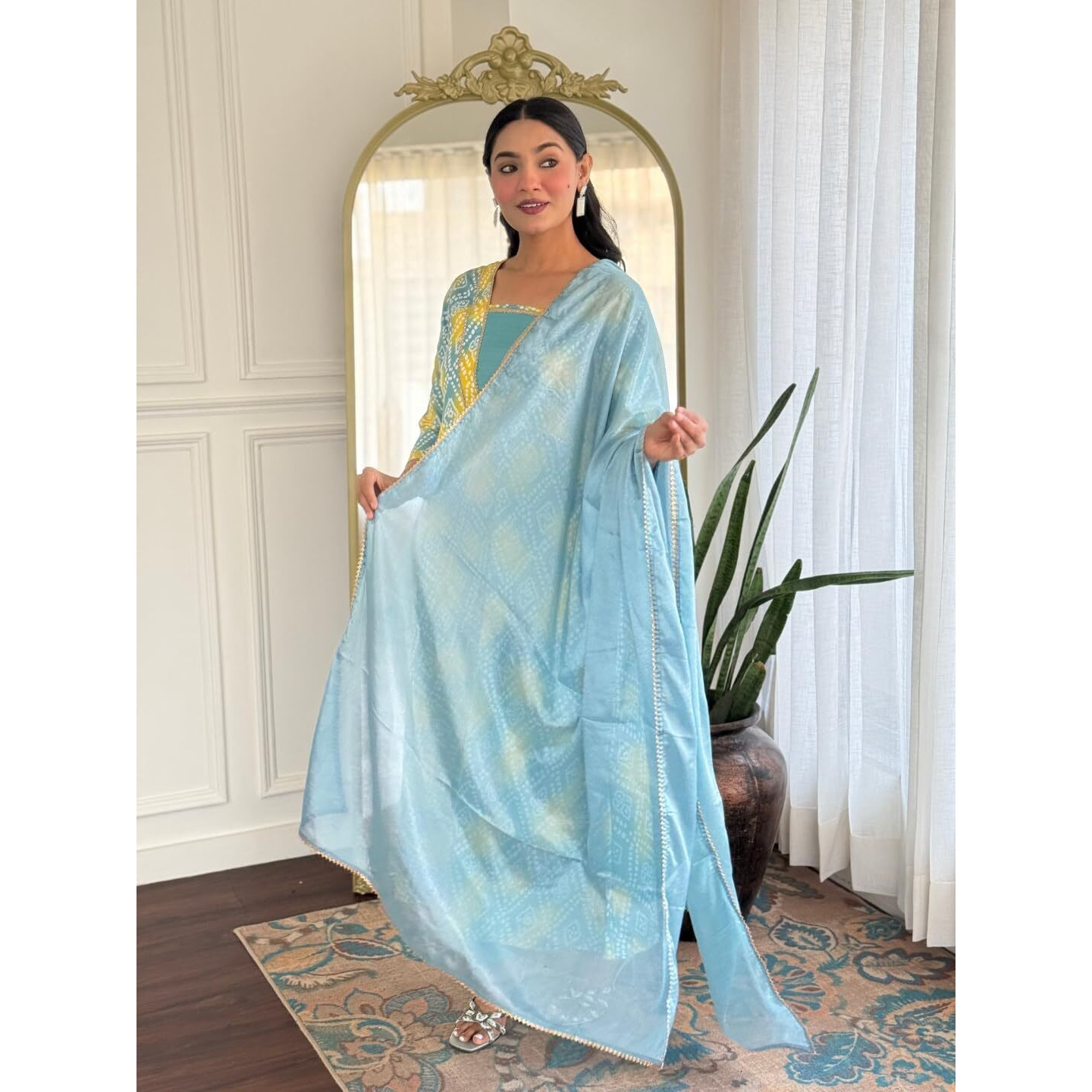 Navlik Women's Rayon Printed Flared Kurta with Pant and Dupatta Sets (NK-724) (Size XXX-Large, Color Rama)