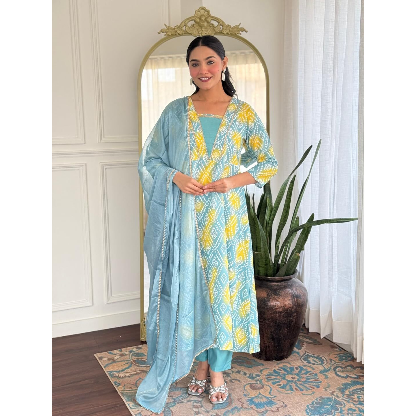 Navlik Women's Rayon Printed Flared Kurta with Pant and Dupatta Sets (NK-724) (Size Large, Color Rama)