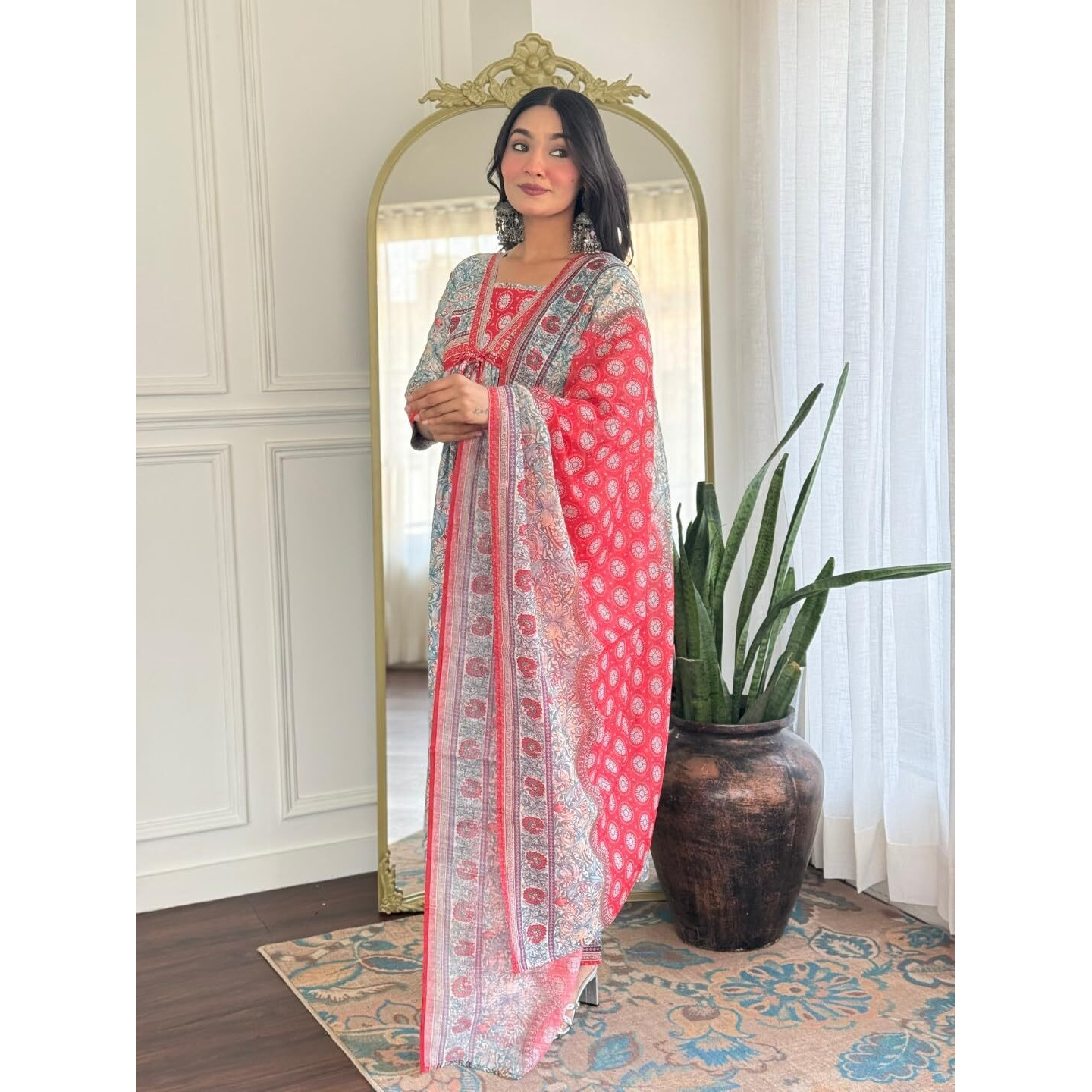 Navlik Women's Rayon Printed A-Line Kurta with Pant and Dupatta Sets (NK-726) (Size Large, Color Rama)