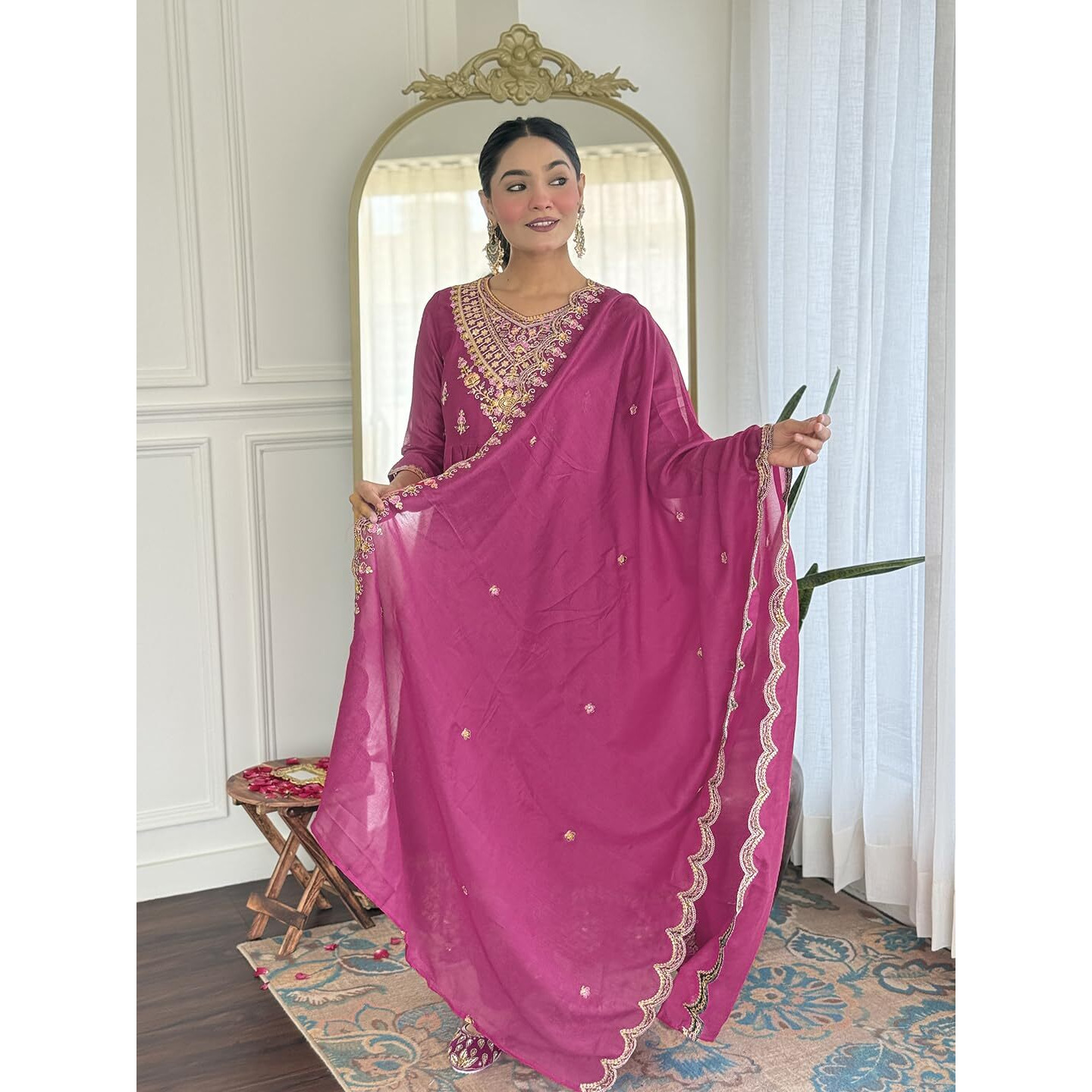 Navlik Women's Vichitra Silk Embroidered Flared Kurta with Pant and Dupatta Sets (NK-731) (Size XXX-Large, Color Rani)