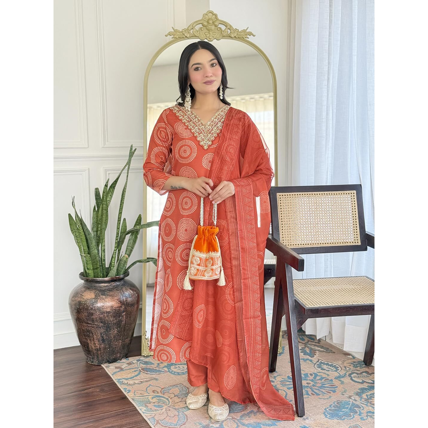 Navlik Women's Rayon Embroidered Straight Kurta with Pant and Dupatta Sets (NK-732) (Size Small, Color Orange)