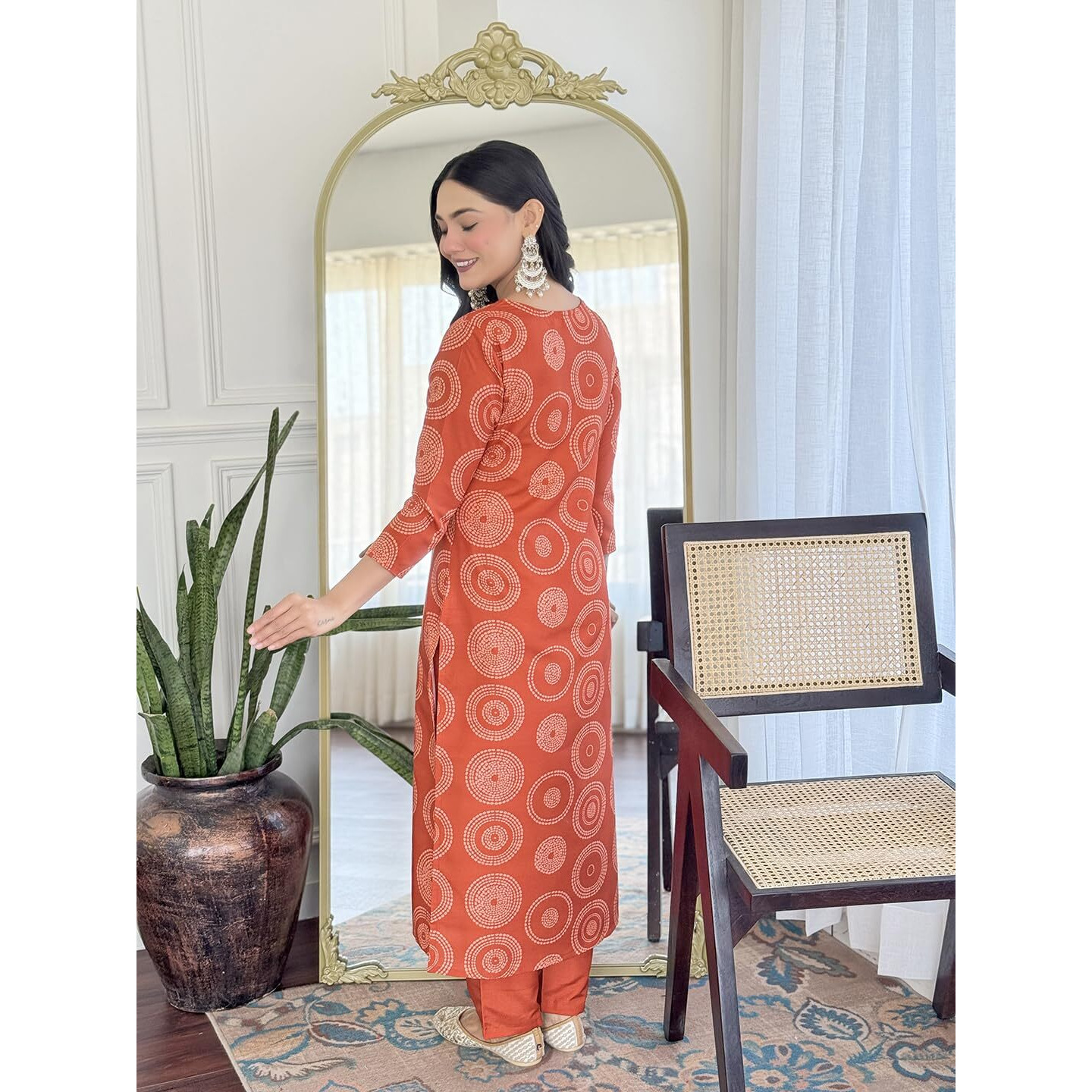 Navlik Women's Rayon Embroidered Straight Kurta with Pant and Dupatta Sets (NK-732) (Size Small, Color Orange)