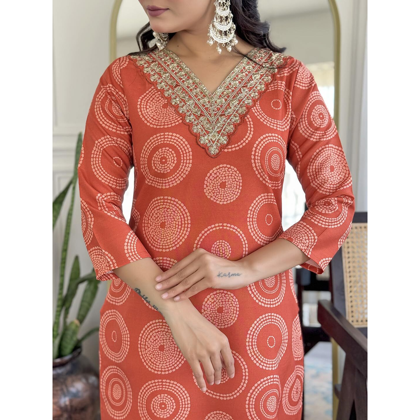 Navlik Women's Rayon Embroidered Straight Kurta with Pant and Dupatta Sets (NK-732) (Size Small, Color Orange)