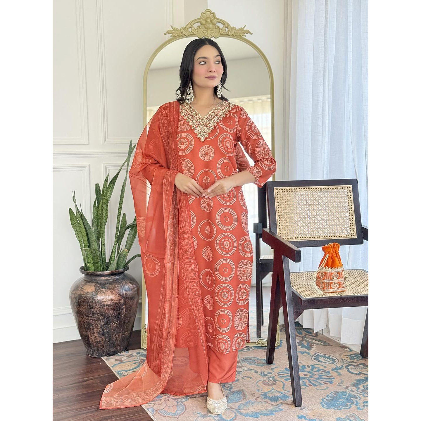 Navlik Women's Rayon Embroidered Straight Kurta with Pant and Dupatta Sets (NK-732) (Size Small, Color Orange)