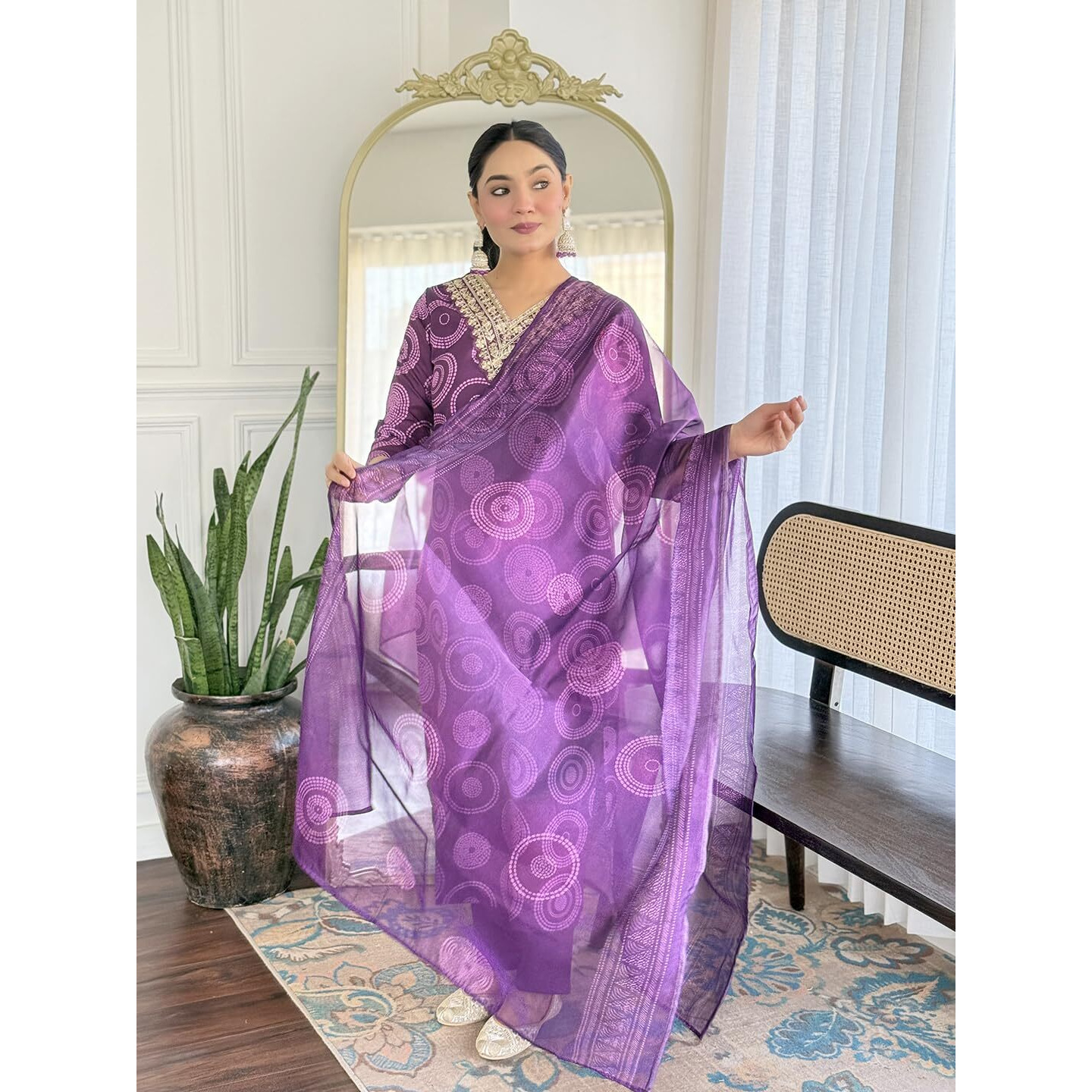 Navlik Women's Rayon Embroidered Straight Kurta with Pant and Dupatta Sets (NK-732) (Size X-Large, Color Purple)