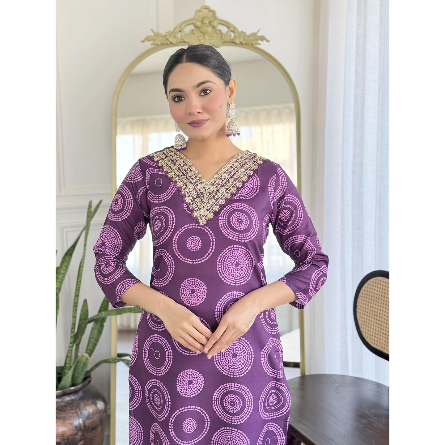 Navlik Women's Rayon Embroidered Straight Kurta with Pant and Dupatta Sets (NK-732) (Size X-Large, Color Purple)
