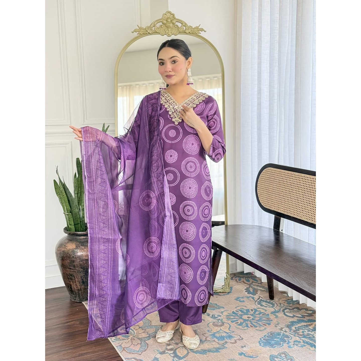 Navlik Women's Rayon Embroidered Straight Kurta with Pant and Dupatta Sets (NK-732) (Size X-Large, Color Purple)