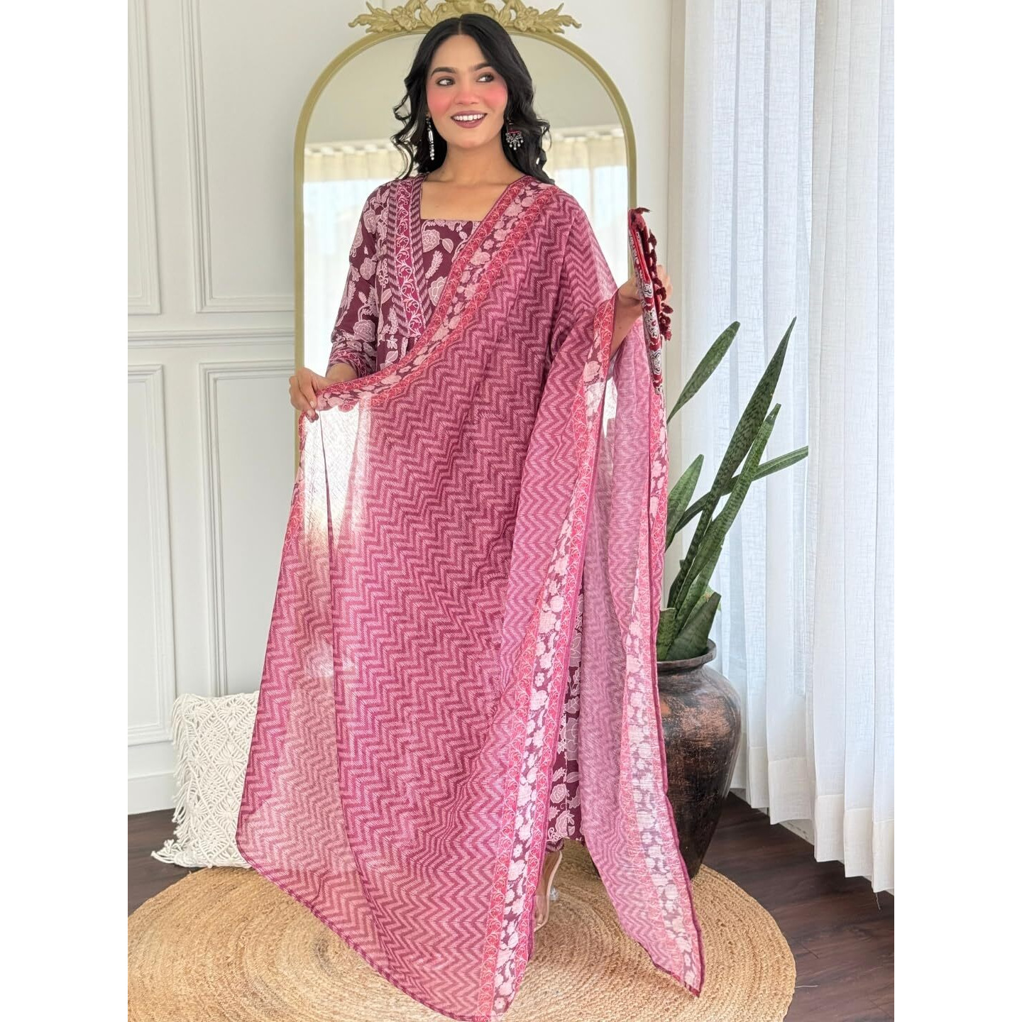 Navlik Women's Rayon Printed Flared Kurta with Pant and Dupatta Sets (NK-734) (Size Medium, Color Maroon)