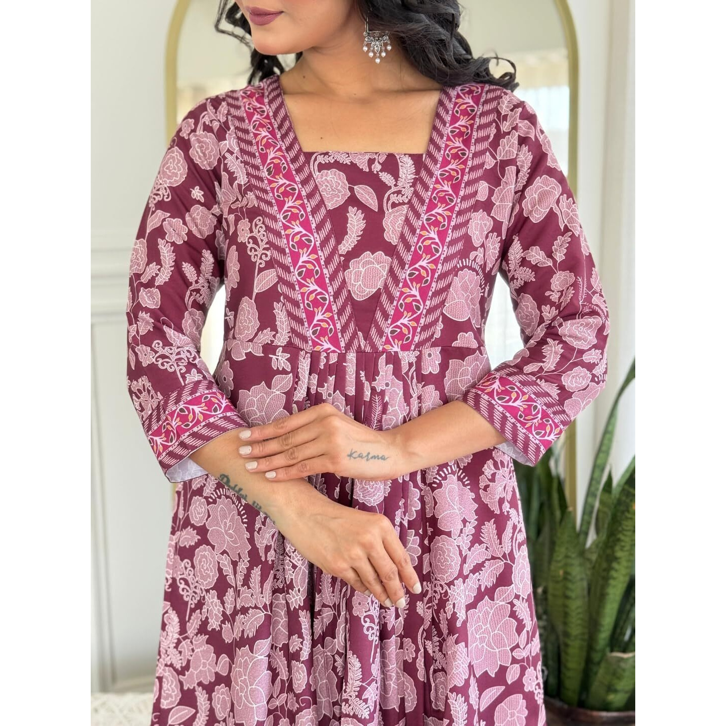 Navlik Women's Rayon Printed Flared Kurta with Pant and Dupatta Sets (NK-734) (Size Medium, Color Maroon)