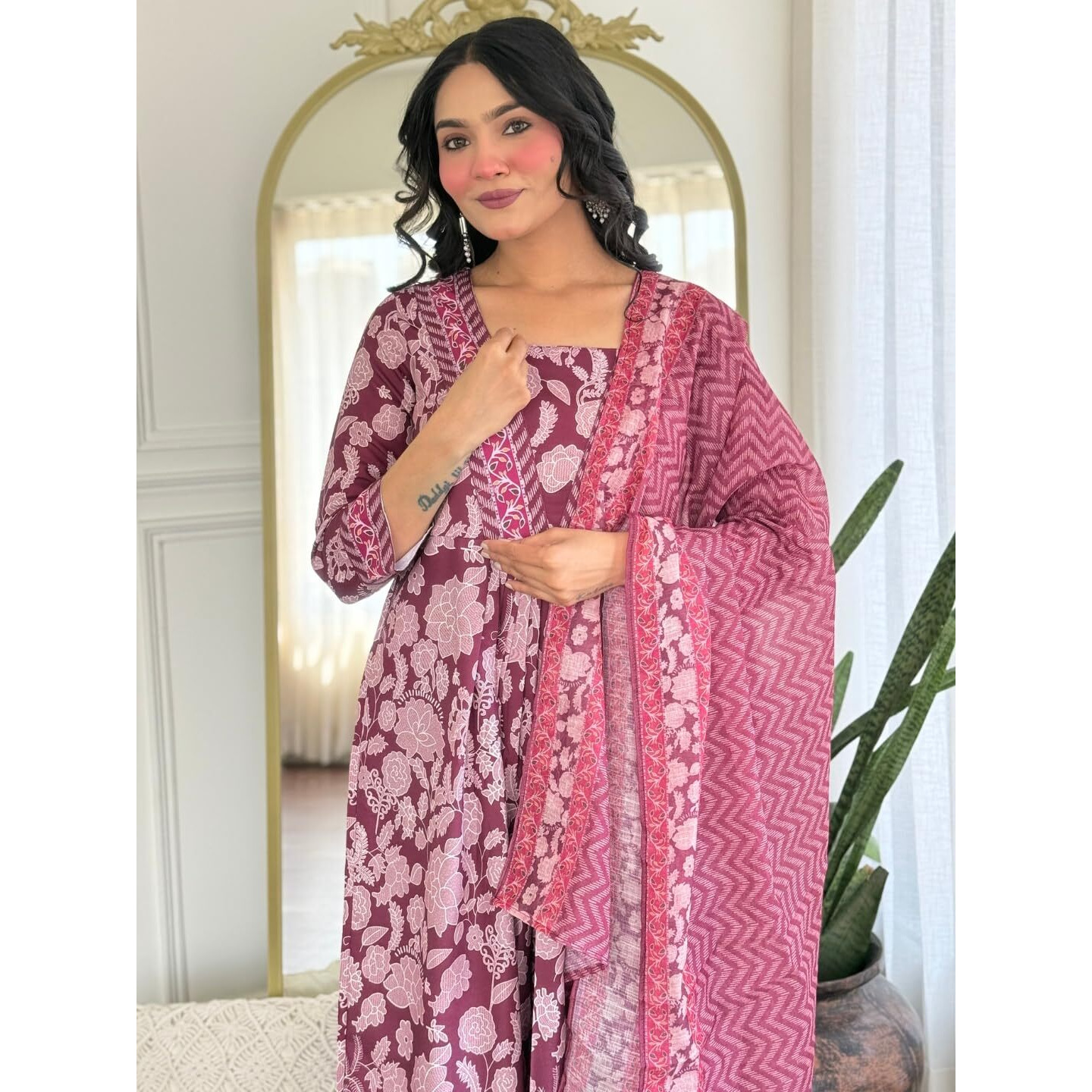 Navlik Women's Rayon Printed Flared Kurta with Pant and Dupatta Sets (NK-734) (Size Medium, Color Maroon)