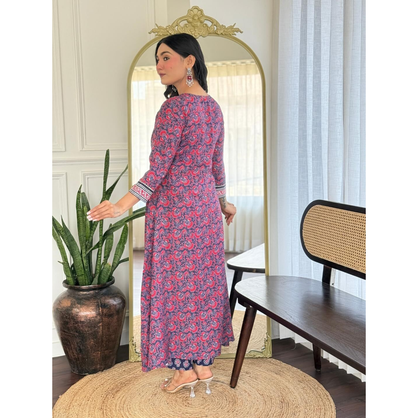 Navlik Women's Rayon Printed Flared Kurta with Pant and Dupatta Sets (NK-735) (Size X-Large, Color Navy Blue)