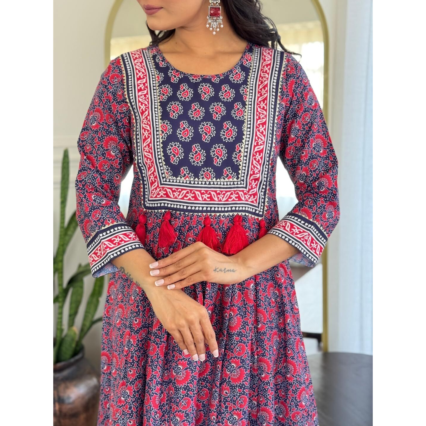 Navlik Women's Rayon Printed Flared Kurta with Pant and Dupatta Sets (NK-735) (Size X-Large, Color Navy Blue)
