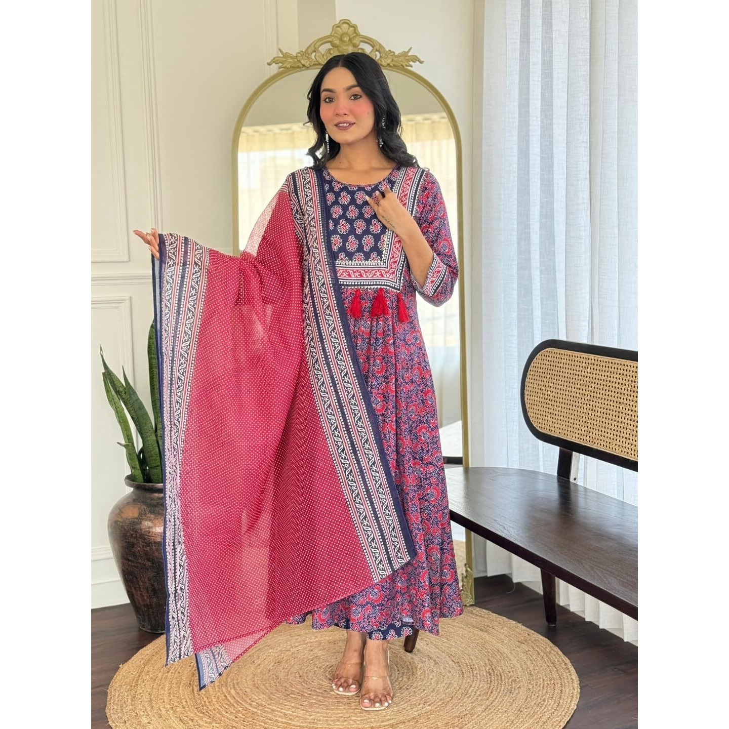 Navlik Women's Rayon Printed Flared Kurta with Pant and Dupatta Sets (NK-735) (Size X-Large, Color Navy Blue)