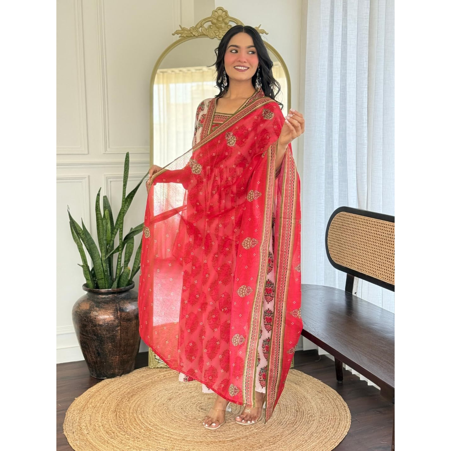 Navlik Women's Rayon Printed Flared Kurta with Pant and Dupatta Sets (NK-736) (Size Large, Color Chiku)