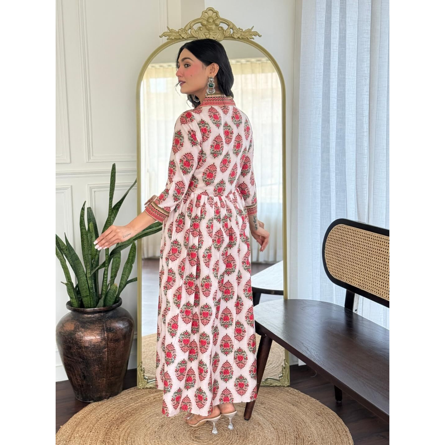Navlik Women's Rayon Printed Flared Kurta with Pant and Dupatta Sets (NK-736) (Size Large, Color Chiku)