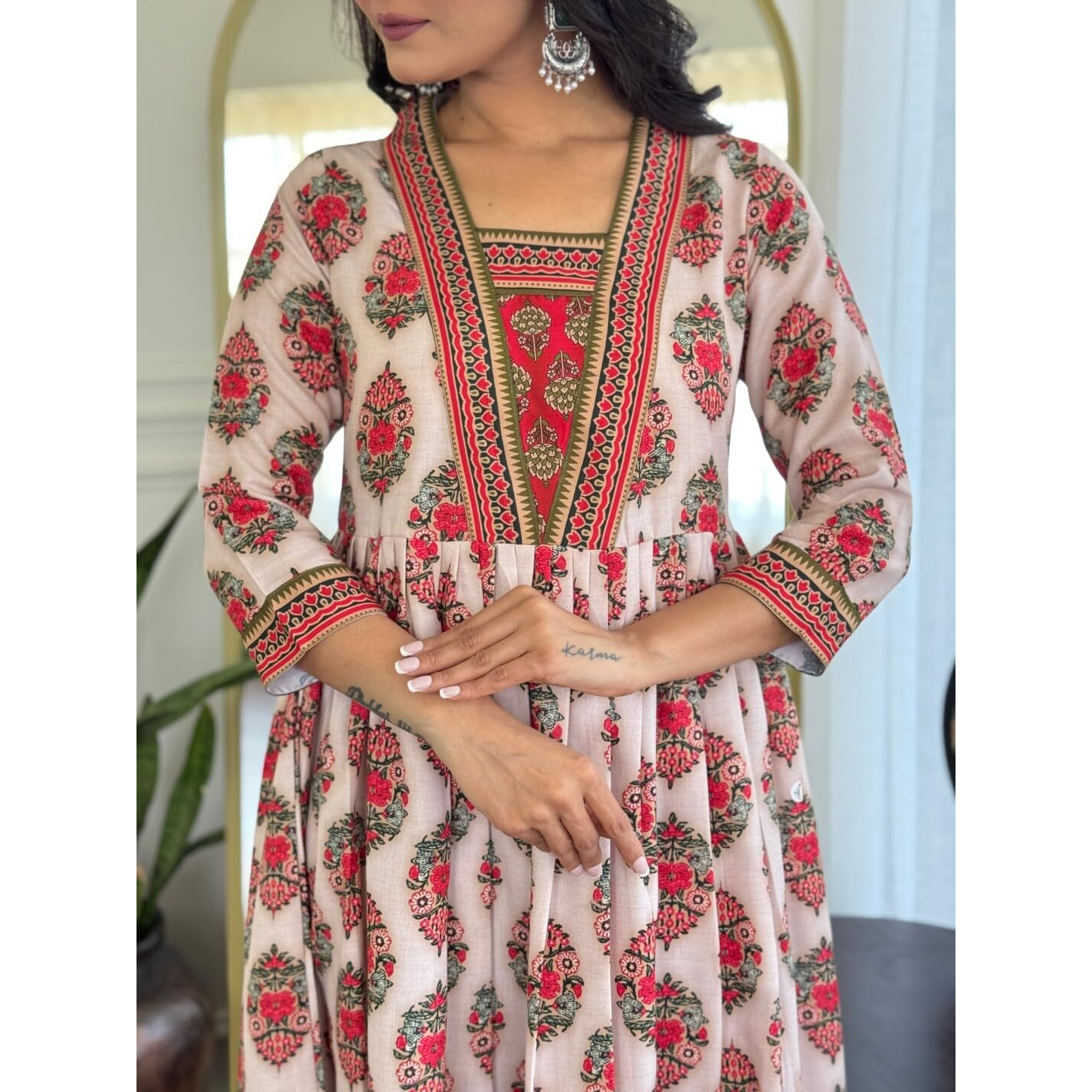 Navlik Women's Rayon Printed Flared Kurta with Pant and Dupatta Sets (NK-736) (Size Large, Color Chiku)