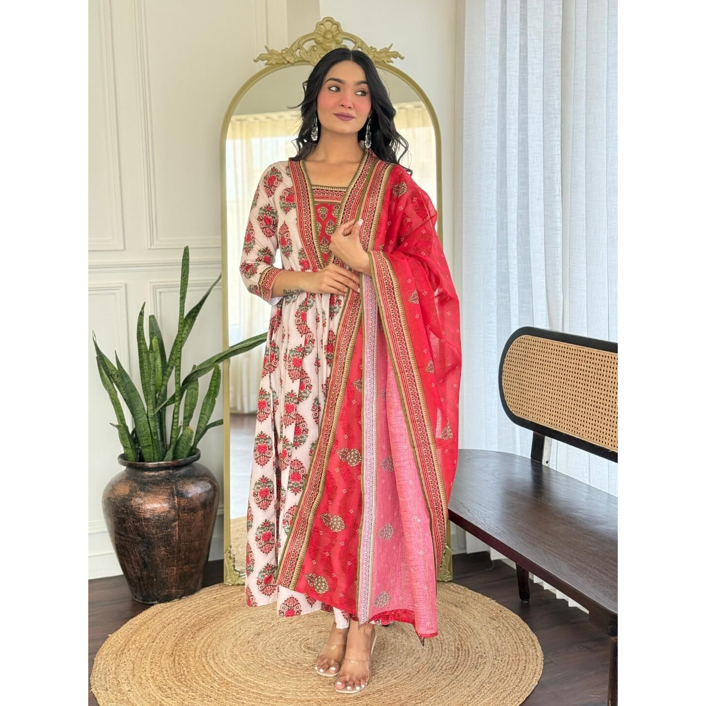 Navlik Women's Rayon Printed Flared Kurta with Pant and Dupatta Sets (NK-736) (Size Large, Color Chiku)