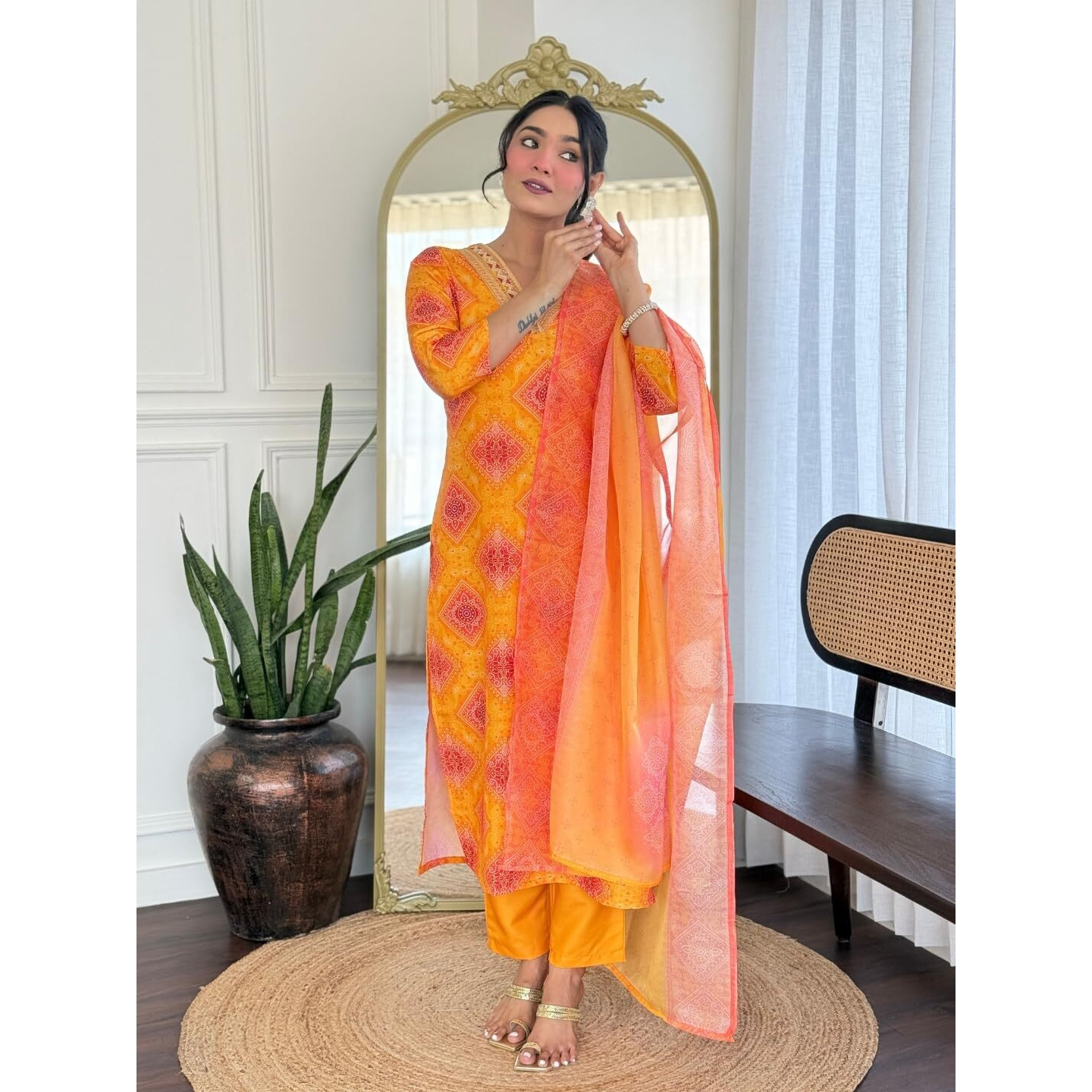 Navlik Women's Rayon Printed Straight Kurta with Pant and Dupatta Sets (NK-738) (Size XXX-Large, Color Yellow)