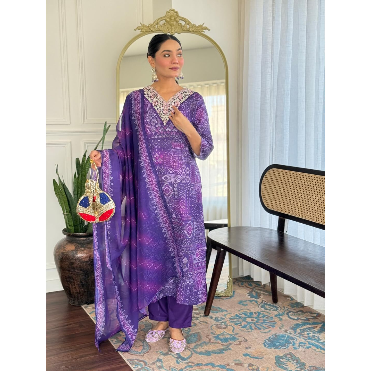 Navlik Women's Rayon Embroidered Straight Kurta with Pant and Dupatta Sets (NK-743) (Size Small, Color Purple)