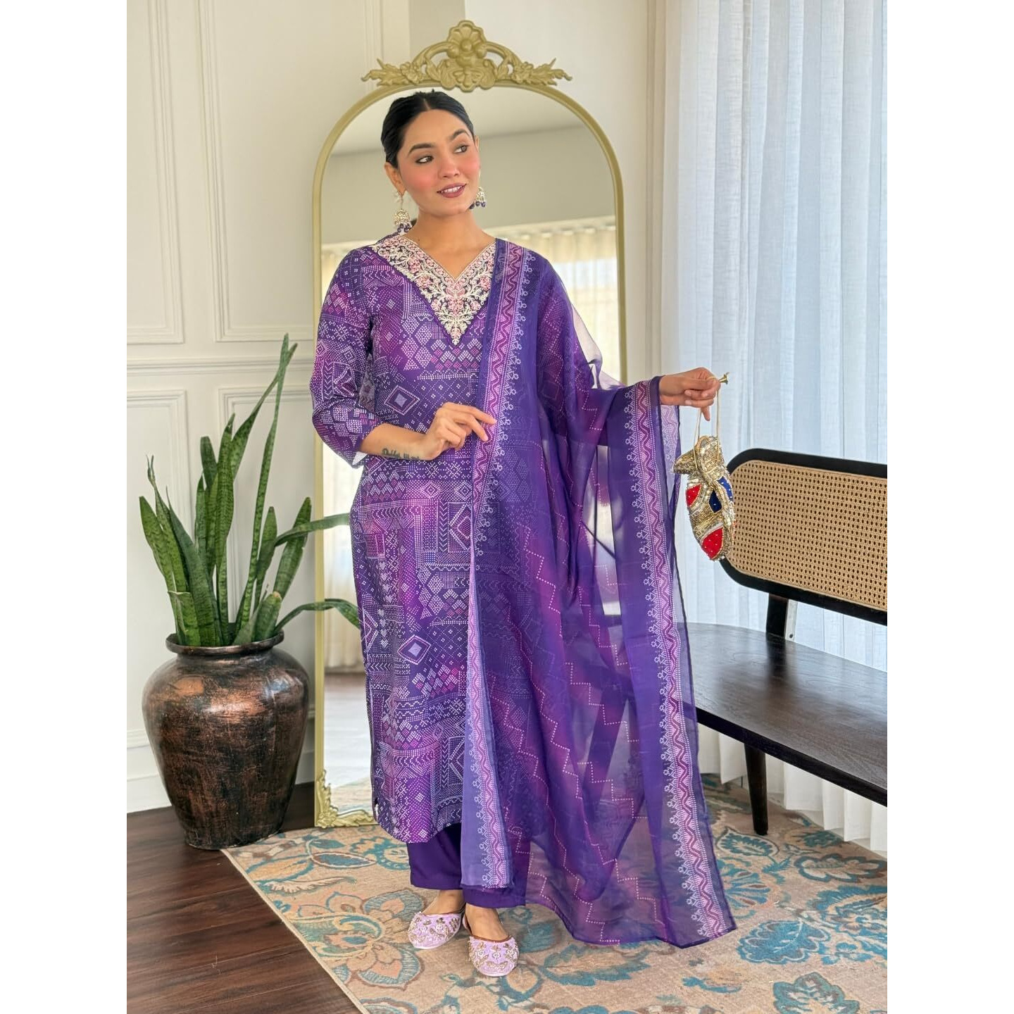 Navlik Women's Rayon Embroidered Straight Kurta with Pant and Dupatta Sets (NK-743) (Size Small, Color Purple)