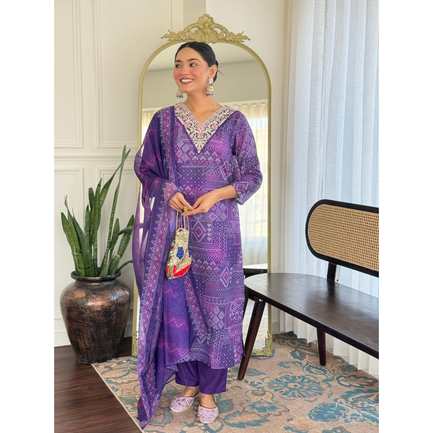 Navlik Women's Rayon Embroidered Straight Kurta with Pant and Dupatta Sets (NK-743) (Size X-Large, Color Purple)