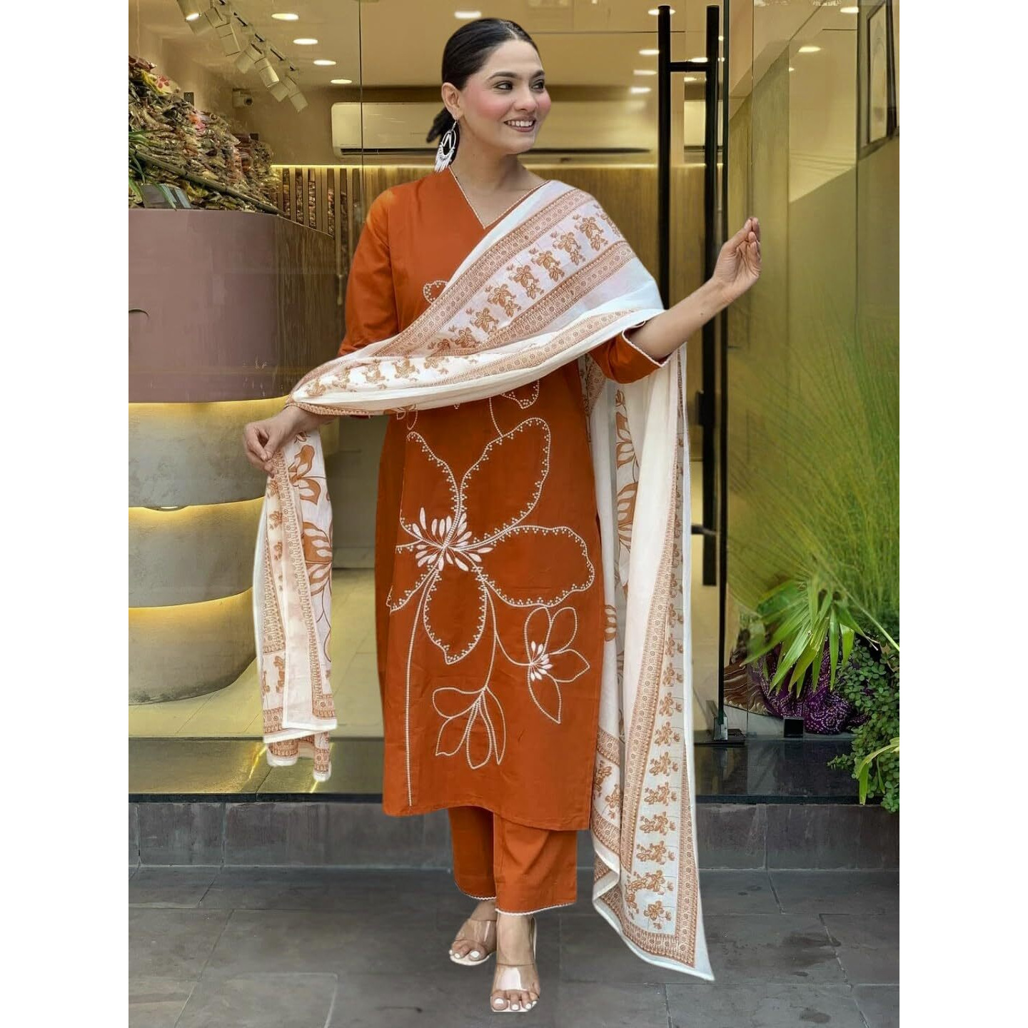 Navlik Women's Rayon Embroidered Straight Kurta with Pant and Dupatta Sets (NK-747) (Size Small, Color Oranage)