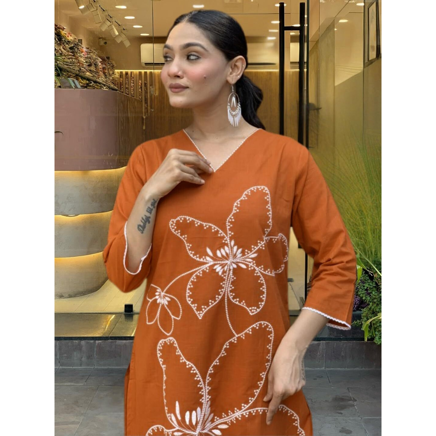 Navlik Women's Rayon Embroidered Straight Kurta with Pant and Dupatta Sets (NK-747) (Size Small, Color Oranage)
