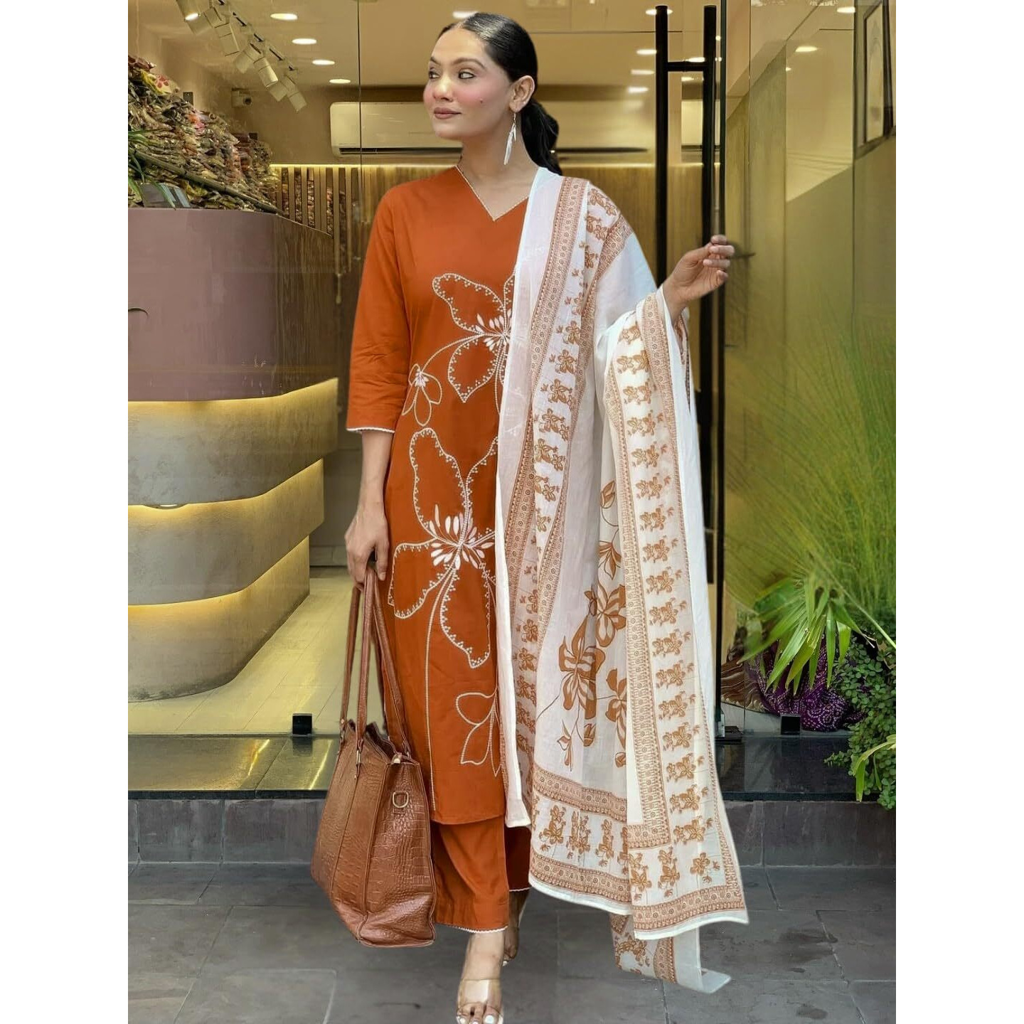 Navlik Women's Rayon Embroidered Straight Kurta with Pant and Dupatta Sets (NK-747) (Size Small, Color Oranage)