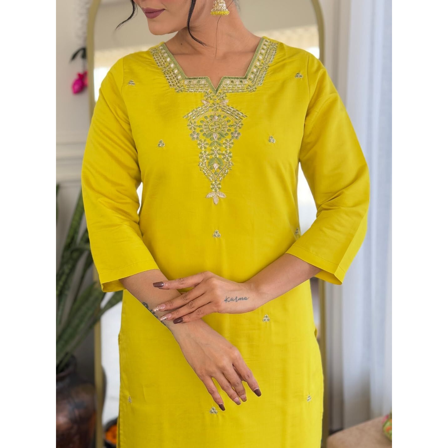 Navlik Women's Chanderi Viscose Embroidered Straight Kurta with Chanderi Viscose Pant and Jacquard Jacquard Dupatta Sets(M-Dhanashri) (Size Large, Color Liril)