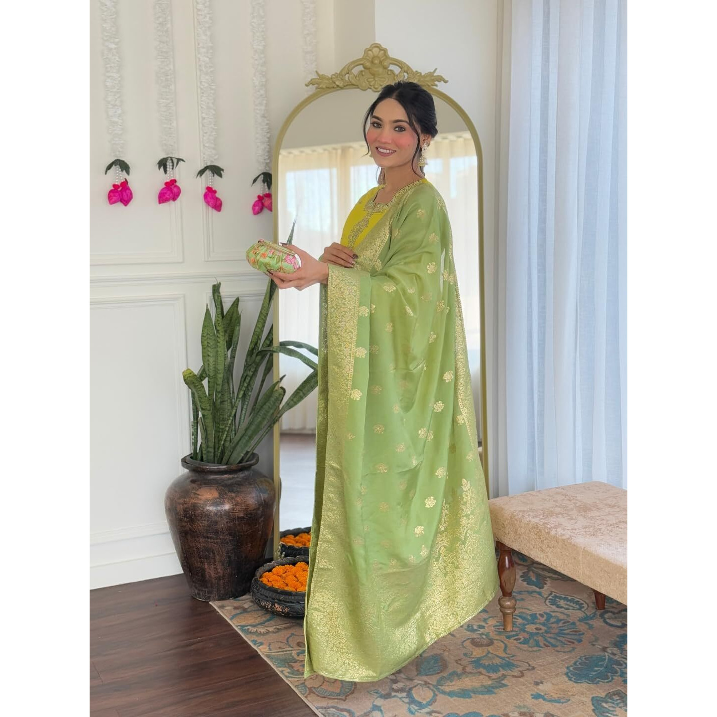 Navlik Women's Chanderi Viscose Embroidered Straight Kurta with Chanderi Viscose Pant and Jacquard Jacquard Dupatta Sets(M-Dhanashri) (Size X-Large, Color Liril)