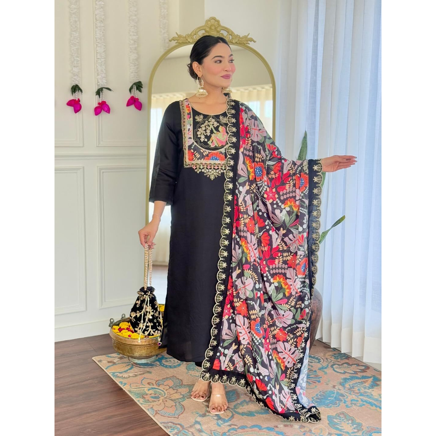 Navlik Women's Chanderi Viscose Embroidered Straight Kurta with Pant and Dupatta Sets (M-Nari) (Size X-Large, Color Black)