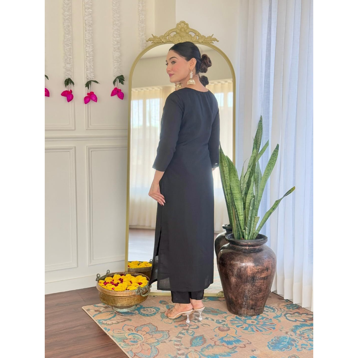 Navlik Women's Chanderi Viscose Embroidered Straight Kurta with Pant and Dupatta Sets (M-Nari) (Size X-Large, Color Black)