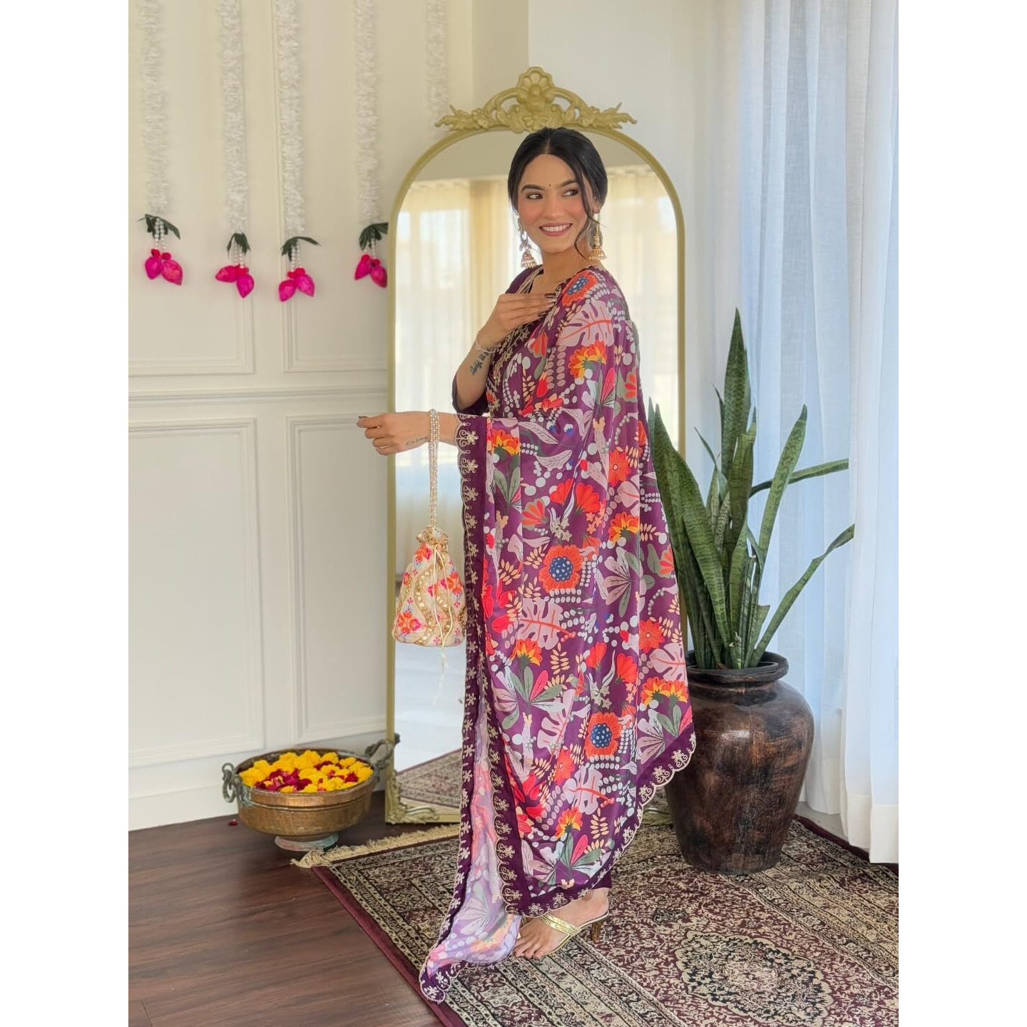 Navlik Women's Chanderi Viscose Embroidered Straight Kurta with Pant and Dupatta Sets (M-Nari) (Size Large, Color Wine)