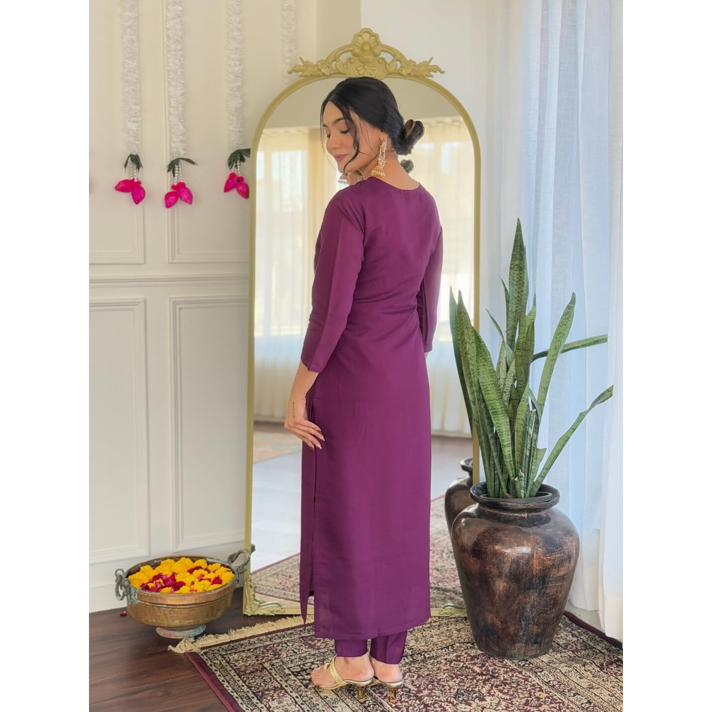 Navlik Women's Chanderi Viscose Embroidered Straight Kurta with Pant and Dupatta Sets (M-Nari) (Size Large, Color Wine)